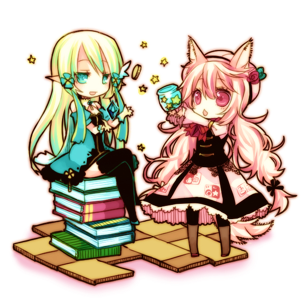 aruya (flosrota), belle alcott, pixiv fantasia, pixiv fantasia 4, bad id, bad pixiv id, 2girls, animal ears, aqua eyes, chibi, green hair, multiple girls, pink eyes, pink hair, pointy ears, thighhighs