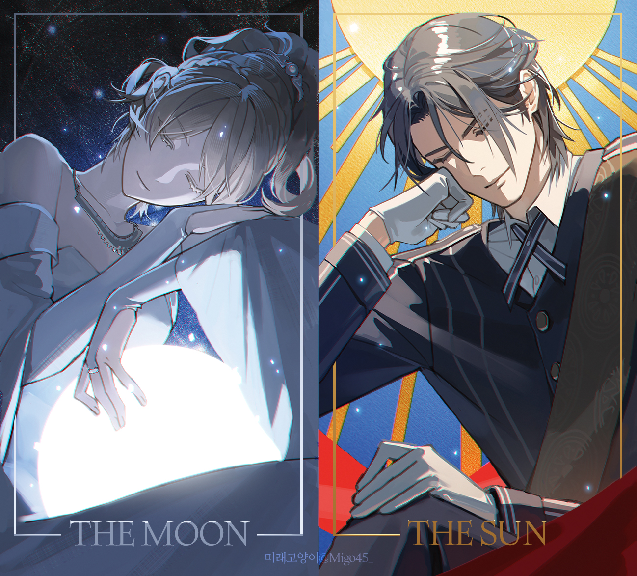 migo45, lunafreya nox fleuret, noctis lucis caelum, final fantasy, final fantasy xv, commentary request, korean commentary, 1boy, 1girl, bare shoulders, black hair, black jacket, black pants, black sash, blonde hair, braid, breasts, bridal gauntlets, buttons, closed eyes, closed mouth, collared shirt, cross tie, crown braid, detached sleeves, dress, gloves, gold necklace, hair between eyes, hair ornament, head on hand, jacket, jewelry, korean text, layered sleeves, light smile, long dress, long hair, medium breasts, moon, necklace, pants, parted bangs, ponytail, sash, shirt, short hair, sitting, sky, star (sky), starry sky, strapless, strapless dress, sun, twitter username, upper body, white dress, white gloves, white shirt