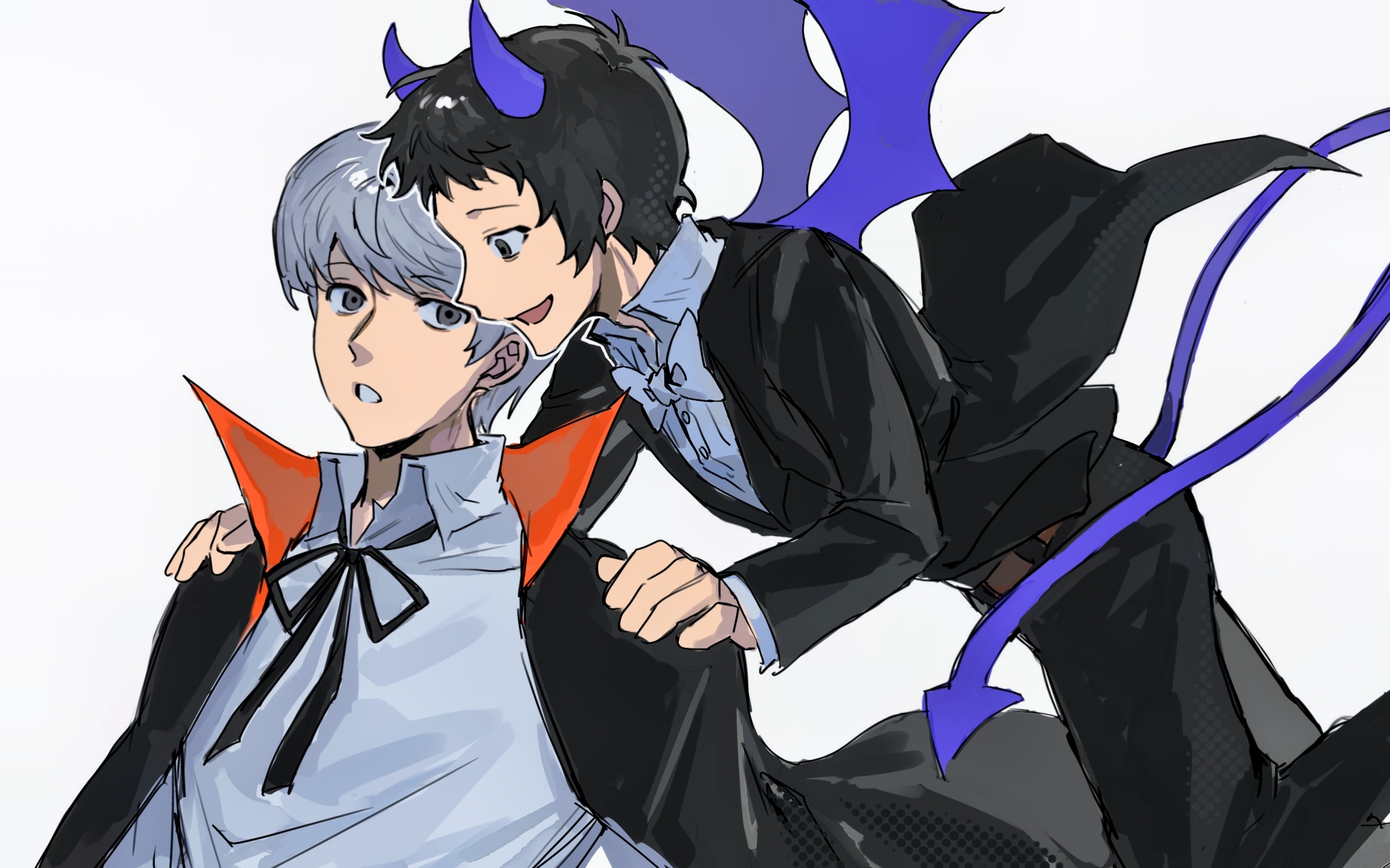 chengmingraven, adachi tooru, narukami yu, persona, persona 4, commentary, highres, 2boys, black cape, black hair, black jacket, black pants, cape, collared cape, collared shirt, demon horns, demon tail, grey eyes, grey hair, grey shirt, hands on another's shoulders, high collar, horns, jacket, long sleeves, male focus, multiple boys, open mouth, pants, parted lips, purple horns, purple wings, shirt, short hair, simple background, tail, white background, wings