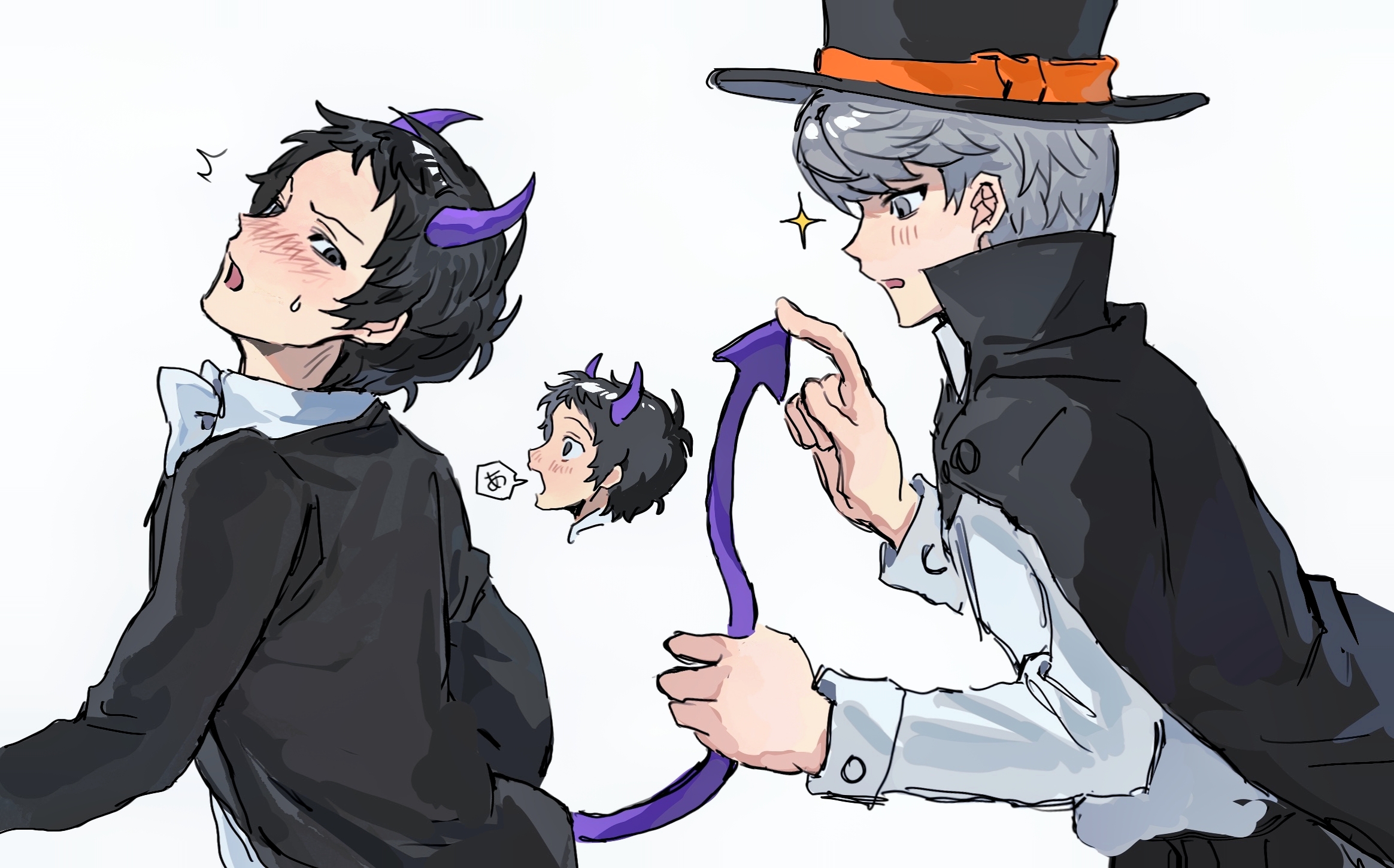 chengmingraven, adachi tooru, narukami yu, persona, persona 4, commentary, highres, 2boys, black cape, black hair, black jacket, black pants, blush, cape, collared cape, collared shirt, demon horns, demon tail, embarrassed, grey hair, grey shirt, hat, high collar, holding another's tail, horns, jacket, looking back, male focus, multiple boys, open mouth, pants, shirt, short hair, simple background, sparkle, tail, top hat, white background, yaoi