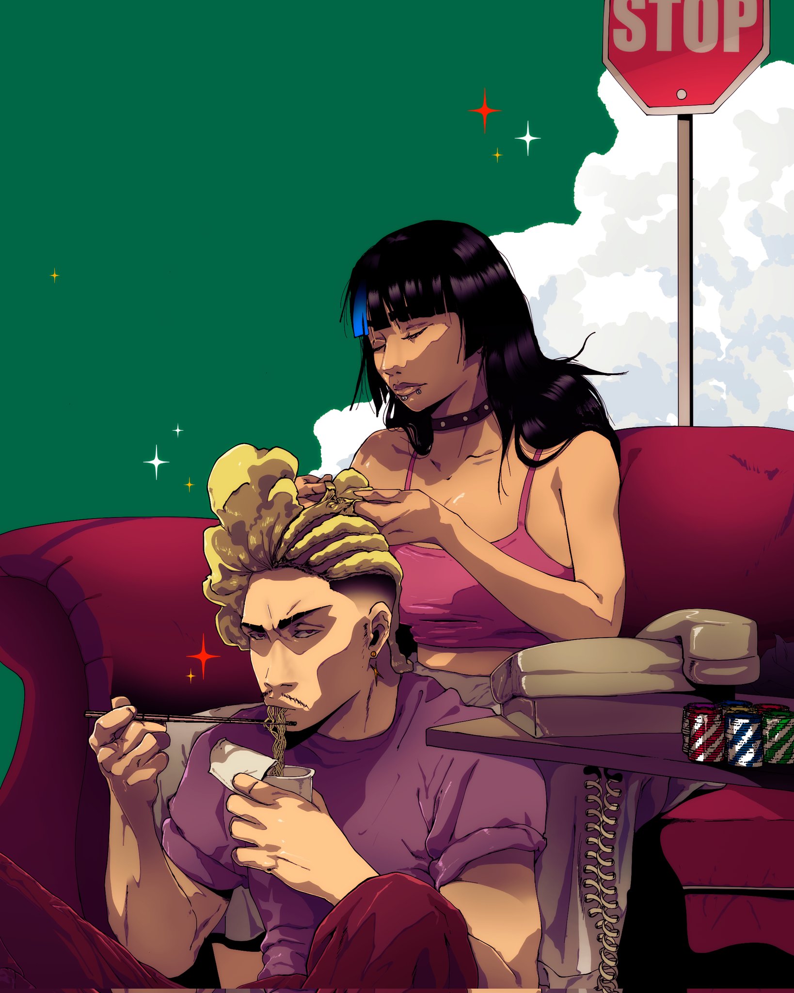 itsblyssbby, hakari kinji, hoshi kirara, jujutsu kaisen, highres, 1boy, 1girl, black hair, blonde hair, blue streaks, braiding another's hair, chopsticks, corded phone, cornrows, couch, crop top, eating, face piercing, facial hair, food, holding, holding chopsticks, holding with chopsticks, instant cup noodles, instant noodles, lip piercing, multicolored hair, mustache, noodles, on couch, phone, piercing, ramen, sitting, streaked hair
