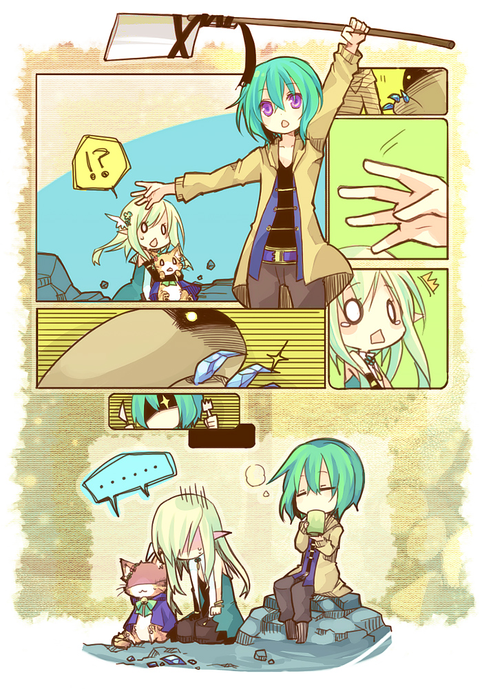 aruya (flosrota), cyril alcott, pixiv fantasia, pixiv fantasia 4, bad id, bad pixiv id, !?, …, ^^^, cat, chibi, comic, elf, gloom (expression), green hair, o o, pointy ears, polearm, purple eyes, silent comic, weapon