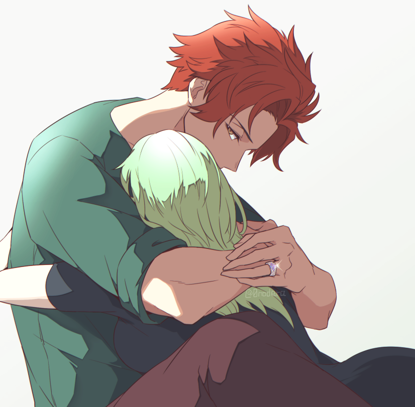 0nodera, female byleth (fire emblem), sylvain jose gautier, sylvain jose gautier (timeskip), fire emblem, fire emblem: three houses, nintendo, commentary request, 1boy, 1girl, brown pants, glint, green shirt, hetero, hug, jewelry, looking at viewer, pants, red hair, ring, shirt, short hair, white background