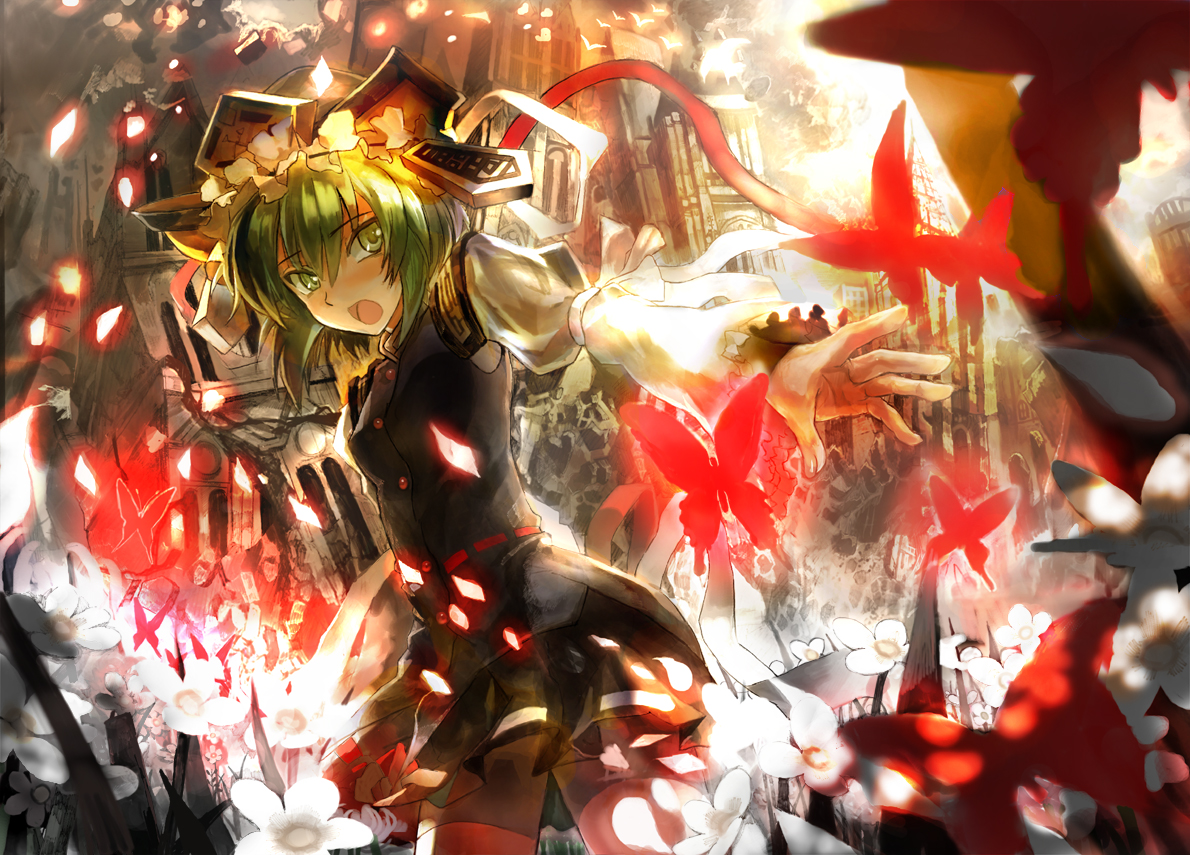 asuka shirou, shiki eiki, touhou, 1girl, alternate eye color, blush, bug, building, butterfly, destruction, female focus, green eyes, green hair, hat, insect, matching hair/eyes, open mouth, outdoors, outstretched arms, ruins, short hair, solo, solo focus, standing, tongue