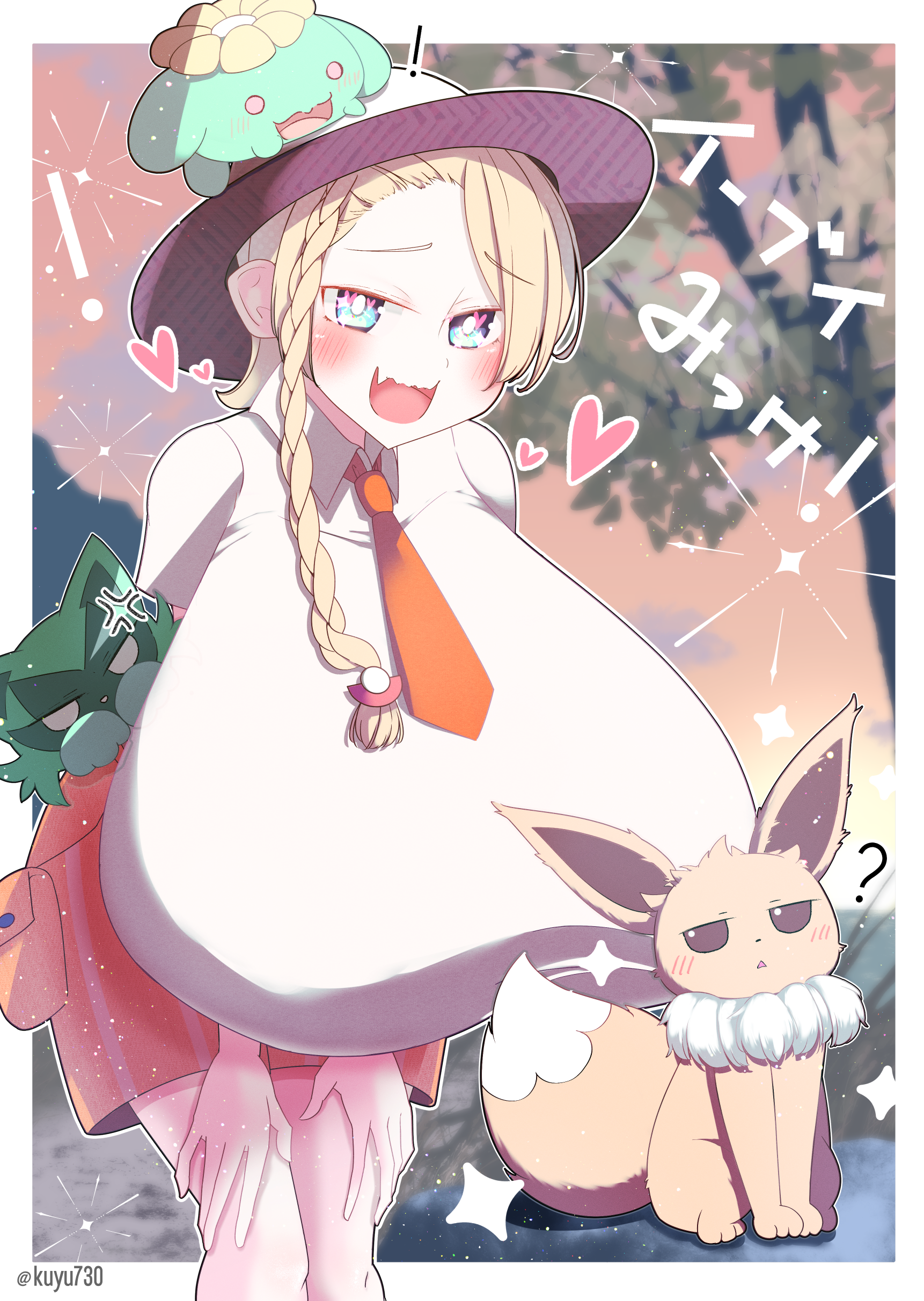 kuyu730, eevee, juliana (pokemon), jumpluff, sprigatito, nintendo, original, pokemon, 1girl, alternate color, animal, animal on head, blue eyes, blurry, blurry background, blush, border, braid, braided sidelock, breasts, female focus, gen 1 pokemon, gen 2 pokemon, gigantic breasts, half-closed eyes, happy, hat, heart, huge breasts, juliana (pokemon) (cosplay), looking at viewer, necktie, on head, orange shorts, pale skin, school uniform, shiny pokemon, shiny skin, shirt, short hair, shorts, smile, solo, sparkle, standing, white border, white hat, white shirt