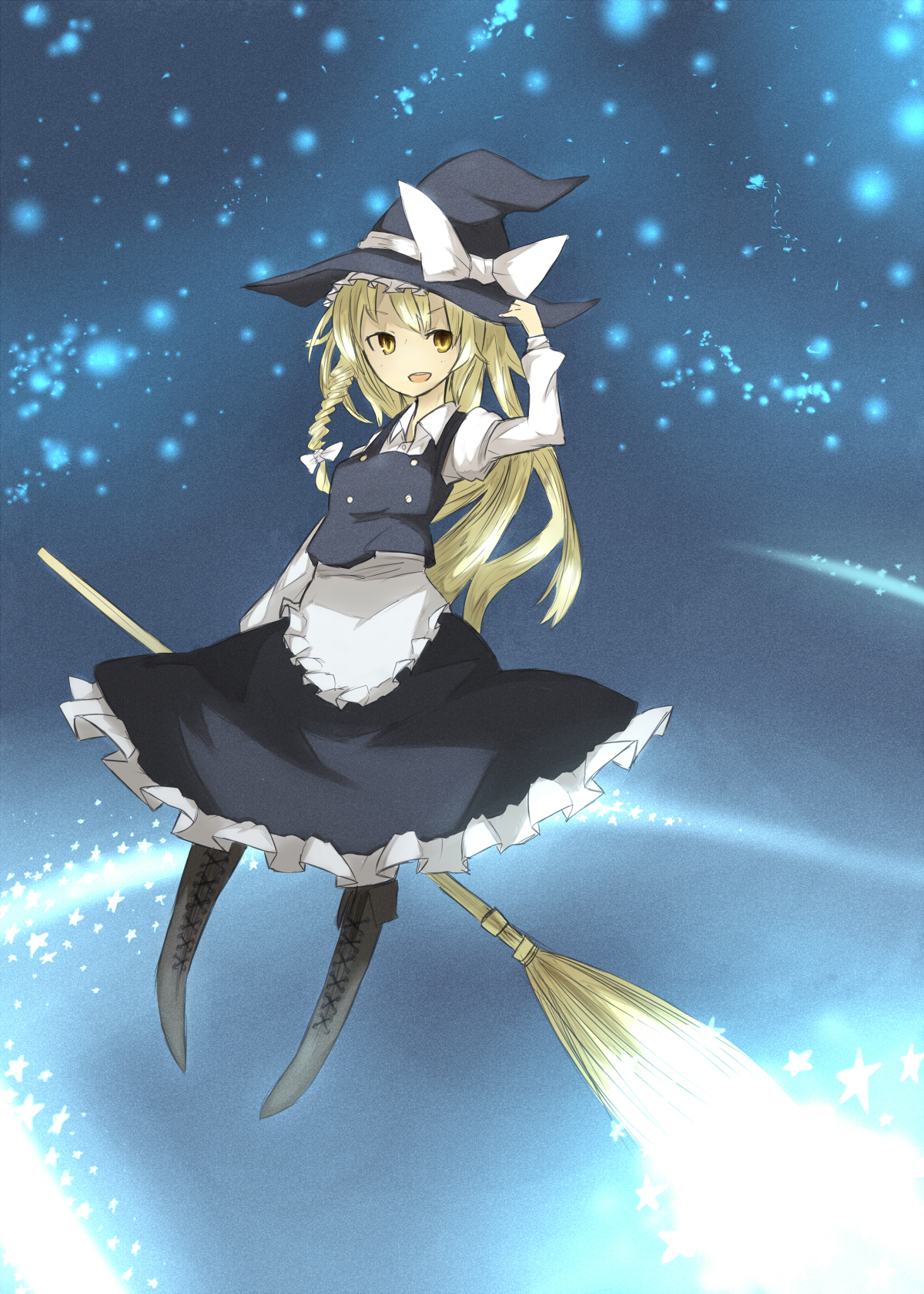 ganesagi, kirisame marisa, touhou, bad id, bad pixiv id, highres, 1girl, apron, blonde hair, boots, bow, braid, broom, broom riding, buttons, dress, female focus, hair bow, hair ribbon, hand on headwear, hat, long hair, night, no nose, ribbon, sky, solo, star (sky), star (symbol), starry sky, witch, witch hat