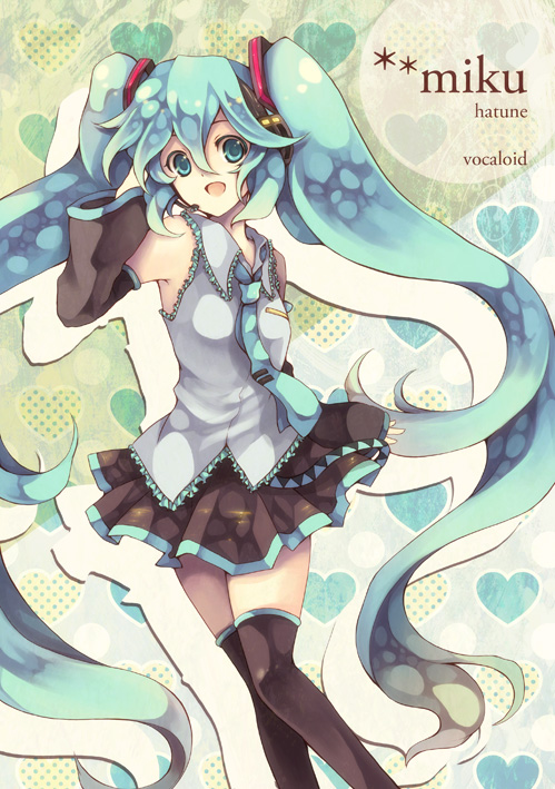 robosuke, hatsune miku, vocaloid, bad id, bad pixiv id, 1girl, aqua eyes, aqua hair, detached sleeves, female focus, green eyes, green hair, headphones, long hair, matching hair/eyes, necktie, skirt, smile, solo, thighhighs, twintails, very long hair, zettai ryouiki