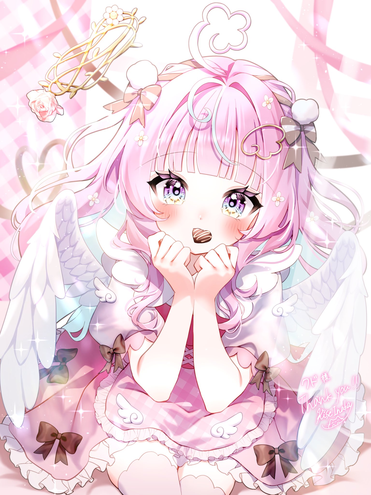 kise inaka, indie virtual youtuber, commentary request, commission, highres, skeb commission, 1girl, black bow, blue hair, blush, bow, candy, chocolate, chocolate heart, colored inner hair, dress, feathered wings, food, food in mouth, hands up, heart, heart-shaped food, long hair, looking at viewer, multicolored eyes, multicolored hair, pink dress, pink hair, puffy sleeves, signature, sitting, solo, thank you, thighhighs, very long hair, virtual youtuber, white wings, wings