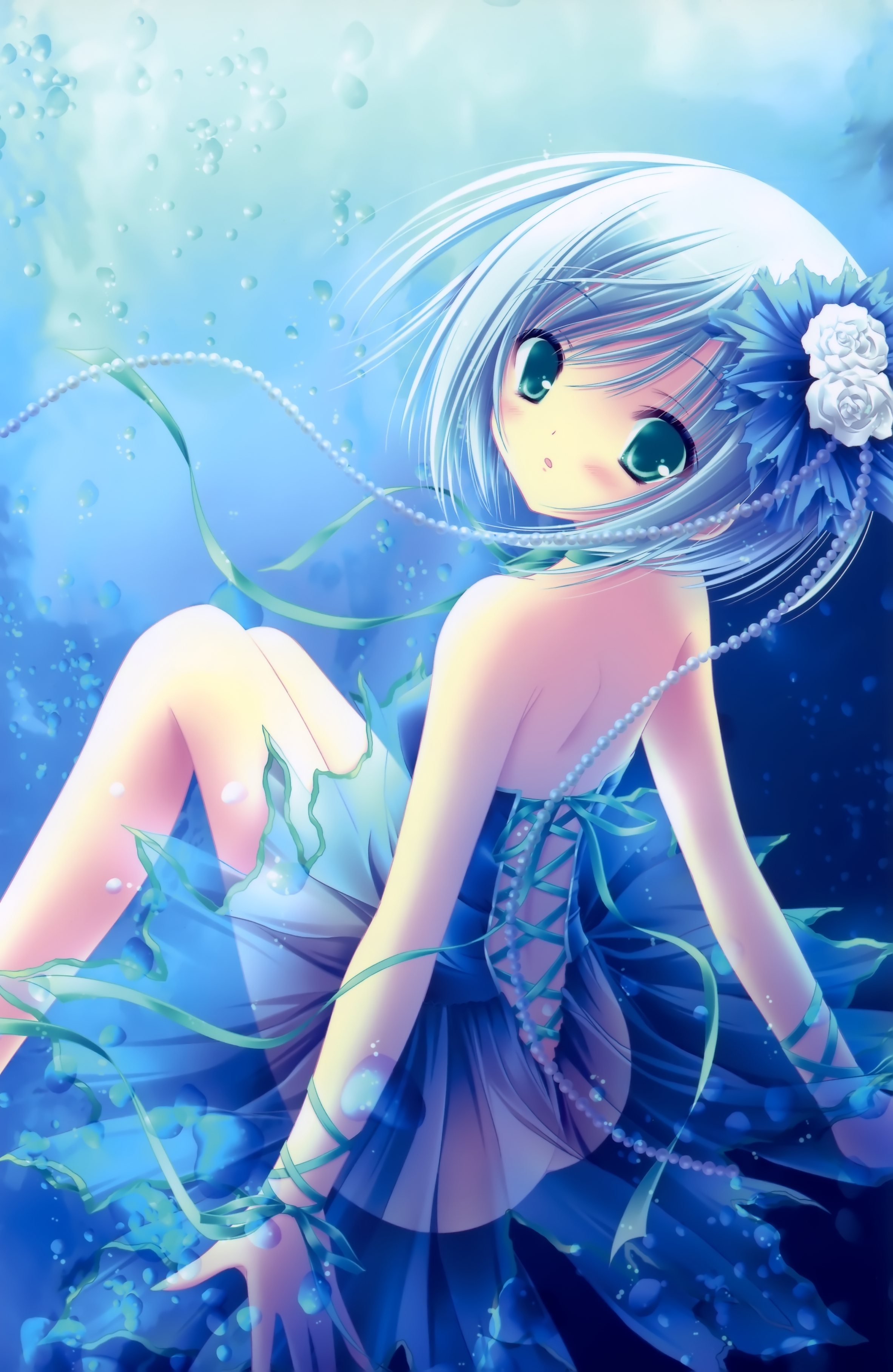 tinker bell (pixiv 10956015), absurdres, highres, 1girl, back, backless dress, backless outfit, bare back, bare shoulders, blue hair, blush, bubble, choker, cross-laced clothes, cross-laced dress, dress, female focus, flower, from behind, from side, gem, green eyes, hair flower, hair ornament, legs, loli, looking at viewer, nail polish, no bra, no panties, pearl (gemstone), ribbon, see-through clothes, short hair, sitting, sleeveless, sleeveless dress, solo, underwater