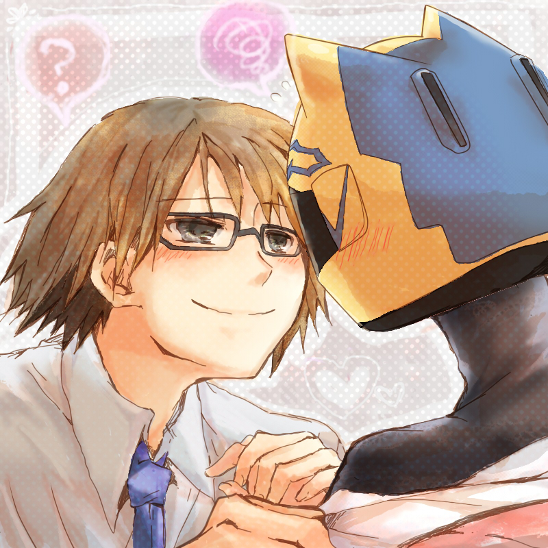 haru mikoto, celty sturluson, kishitani shinra, durarara!!, 1boy, 1girl, ?, animal ear helmet, animal ears, animal helmet, black eyes, black hair, blush, cat ears, glasses, heart, helmet, lab coat, necktie