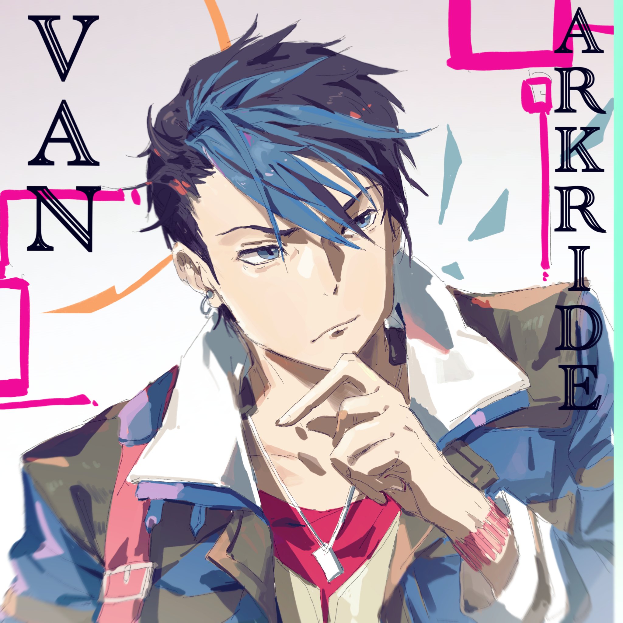 ffuald1013, van arkride, eiyuu densetsu, kuro no kiseki (series), kuro no kiseki i, hashtag-only commentary, highres, 1boy, black hair, blue eyes, blue hair, dog tags, double-parted bangs, earrings, english text, frilled wristband, fur collar, grey background, hair between eyes, jewelry, male focus, multicolored hair, short hair, simple background, solo, two-tone hair, wristband