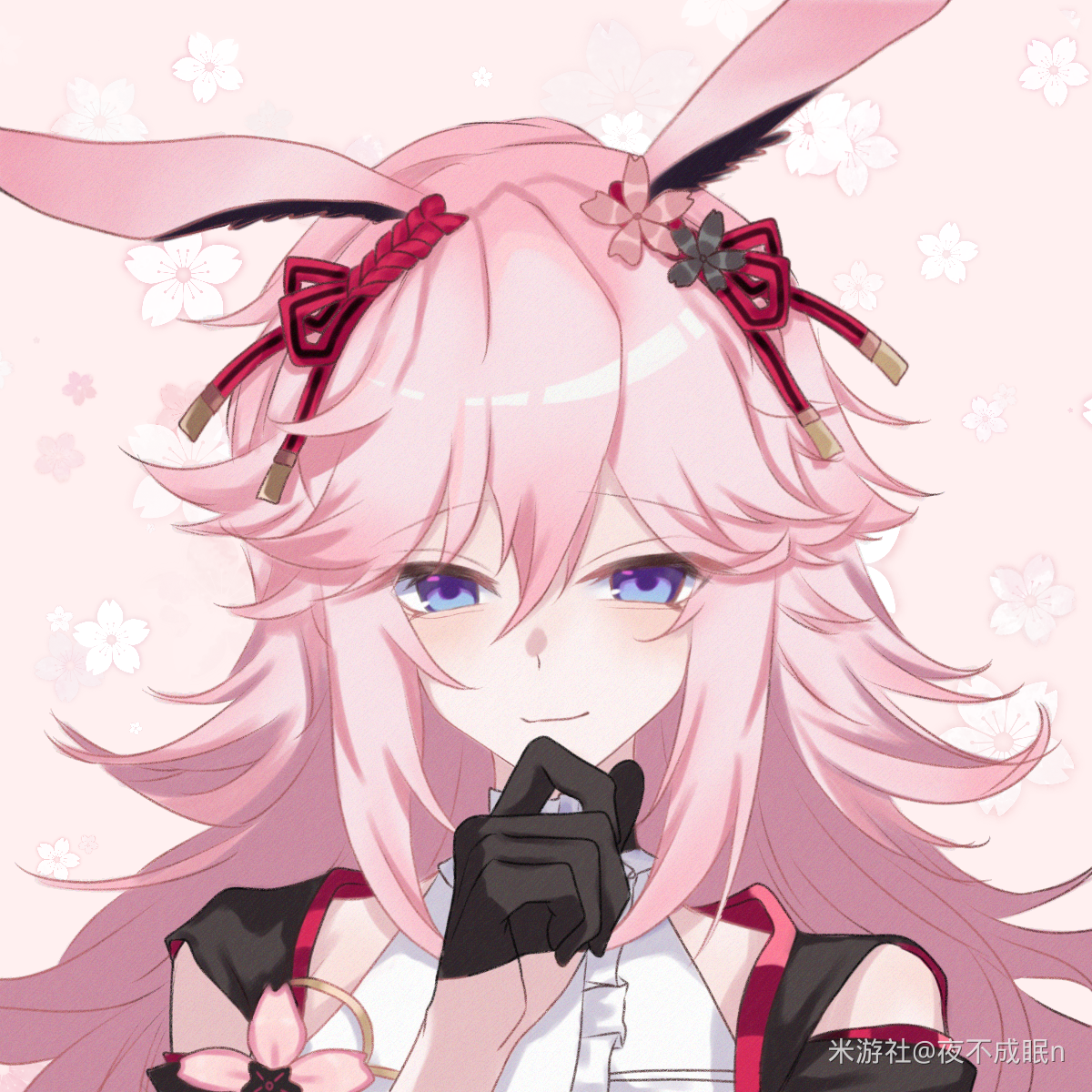 yae sakura, honkai (series), honkai impact 3rd, chinese commentary, commentary request, highres, 1girl, animal ears, black gloves, diamond-shaped pupils, diamond (shape), fox ears, fox girl, gloves, looking at viewer, miyoushe watermark, pink hair, purple eyes, simple background, smile, solo, symbol-shaped pupils, upper body, watermark, white background, ye bu chengmian nye bu chengmian n