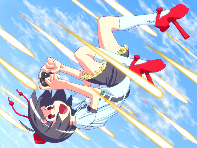 nakai mikuto, nakai minato, shameimaru aya, touhou, looking away, 1girl, black hair, camera, female focus, flying, geta, hat, open mouth, red eyes, scared, short hair, solo, tengu-geta, tokin hat