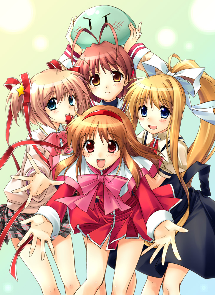 sato-pon, furukawa nagisa, kamikita komari, kamio misuzu, tsukimiya ayu, air (visual novel), clannad, dango daikazoku, kanon, key (company), little busters!, md5 mismatch, translation request, 00s, 4girls, alternate costume, antenna hair, blonde hair, blue eyes, bow, brown eyes, brown hair, company connection, crossover, hairband, long hair, multiple girls, open mouth, outstretched arms, outstretched hand, pink bow, ponytail, reaching, red eyes, red skirt, ribbon, school uniform, short hair, skirt