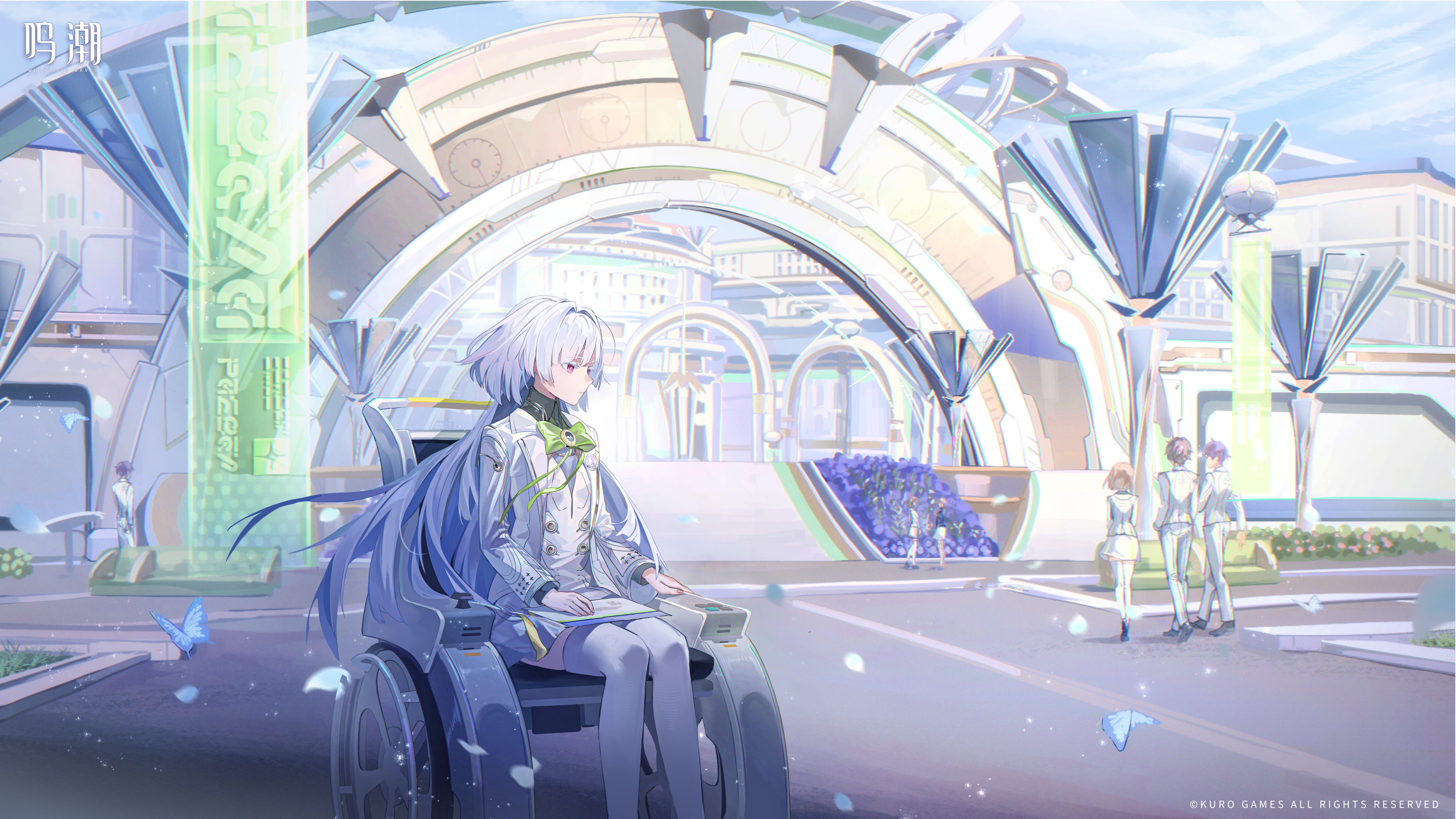 mornye (wuthering waves), wuthering waves, absurdres, chinese commentary, commentary request, highres, official art, 2boys, 2girls, blue sky, bow, bowtie, closed mouth, colored eyelashes, day, dress, graduation, green bow, green bowtie, grey hair, holding, jacket, logo, long hair, multiple boys, multiple girls, red eyes, sky, solo focus, thighhighs, wheelchair, white dress, white jacket, white thighhighs
