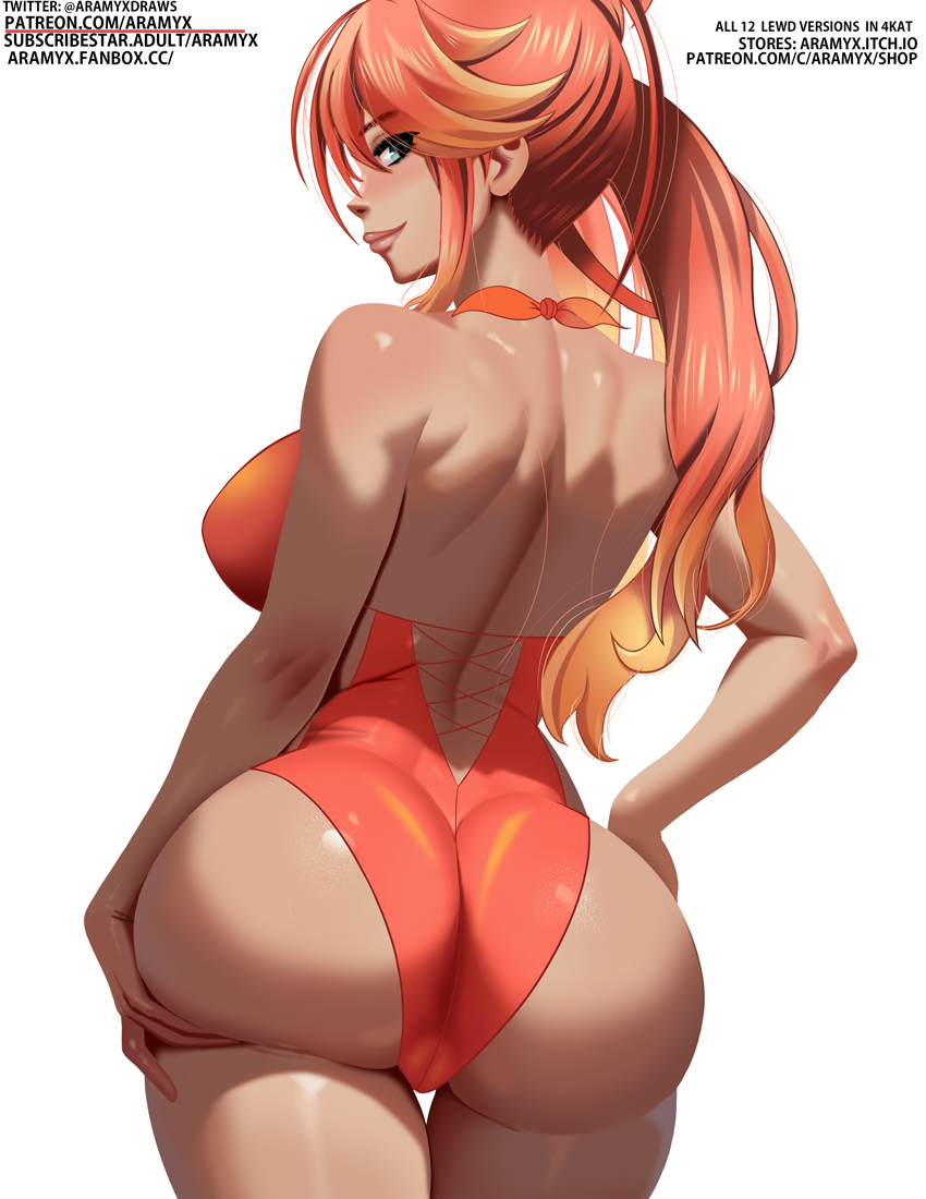 aramyx, judith lanster, eiyuu densetsu, kuro no kiseki (series), kuro no kiseki i, commentary, english commentary, 1girl, ass, backless swimsuit, bare back, blonde hair, breasts, closed mouth, english text, green eyes, hair between eyes, large breasts, long hair, looking at viewer, looking back, multicolored hair, one-piece swimsuit, orange hair, orange one-piece swimsuit, ponytail, sidelocks, simple background, smile, solo, streaked hair, swimsuit, tan, twitter username, two-tone hair, upper body, watermark, web address, white background