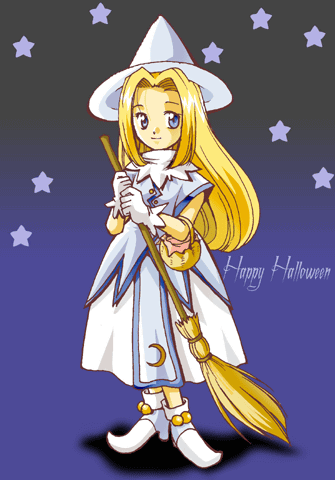 arche klein, mint adenade, tales of (series), tales of phantasia, lowres, blonde hair, blue eyes, broom, cosplay, fusion, witch