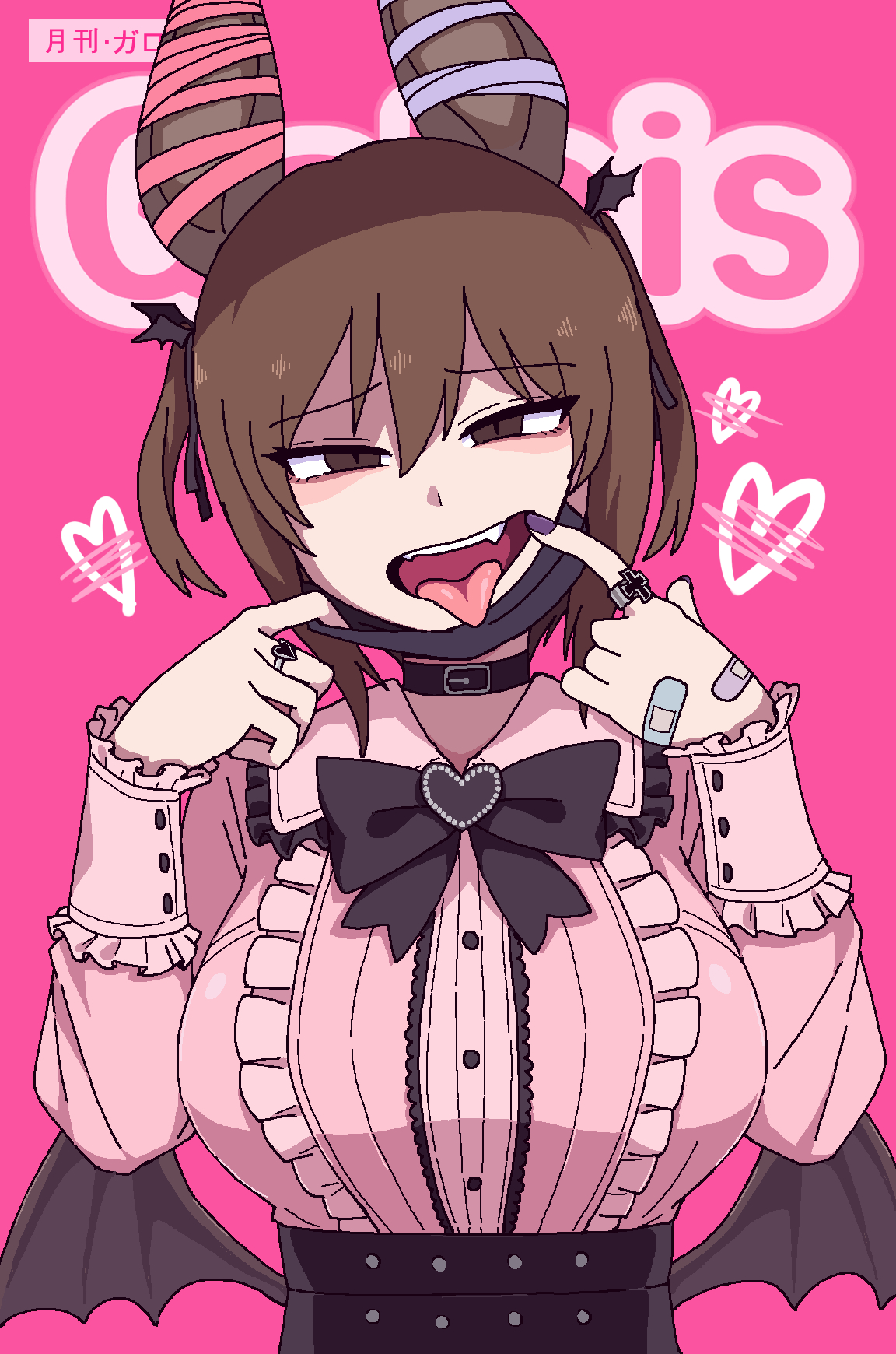 galois, original, commentary request, highres, korean commentary, variant set, 1girl, animal ears, artist name, bandaid, bandaid on hand, bat ears, bat girl, bat wings, black bow, black bowtie, black collar, bow, bowtie, breasts, brown eyes, brown hair, collar, ear ribbon, fang, hair ornament, heart, huge breasts, jewelry, jirai kei, low wings, mask, mask pull, mouth mask, mouth pull, open mouth, pink background, pink shirt, ring, shirt, smile, solo, tongue, tongue out, two side up, upper body, wing hair ornament, wings