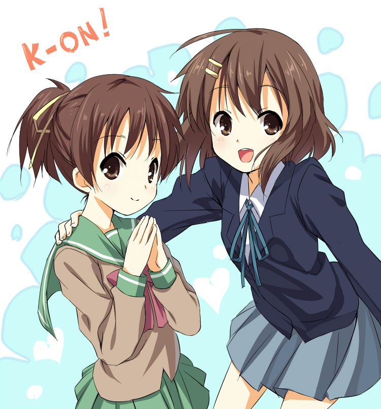 senji (artist), senji (tegone spike), hirasawa ui, hirasawa yui, k-on!, 2girls, brown eyes, brown hair, multiple girls, no legwear, ponytail, school uniform, serafuku, short hair, siblings, sisters, sweater