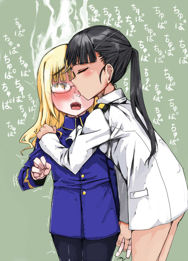 ankoku emu shougun, perrine h. clostermann, sakamoto mio, strike witches, world witches series, bad id, bad pixiv id, 2girls, black hair, blonde hair, blush, bottomless, glasses, licking, multiple girls, pantyhose, yellow eyes, yuri