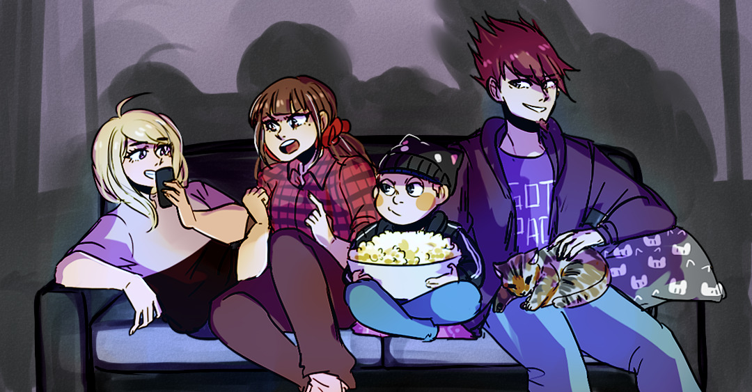 ministarfruit, akamatsu kaede, harukawa maki, hoshi ryoma, momota kaito, danganronpa (series), danganronpa v3: killing harmony, commentary, english commentary, 2boys, 2girls, ahoge, alternate costume, alternate universe, animal, animal ear headwear, animal ears, animal on lap, annoyed, beanie, black eyes, black hat, black jacket, black leggings, black shirt, blonde hair, blue leggings, blue pants, blunt bangs, blush stickers, brown hair, cat, cat ears, cat on lap, clenched hand, closed mouth, clothes writing, collared shirt, controller, couch, crossed ankles, eyelashes, facial hair, fake animal ears, fingernails, frown, furrowed brow, goatee, grin, hair ornament, hair scrunchie, half-closed eyes, happy, hat, height difference, holding, holding controller, holding remote control, indoors, jacket, leggings, living room, long hair, long sleeves, looking at another, low twintails, mole, mole under eye, multiple boys, multiple girls, night, on couch, on lap, open clothes, open jacket, open mouth, pants, petting, pillow, pink shirt, pink socks, plaid clothes, plaid shirt, pointing, purple eyes, purple hair, purple jacket, purple shirt, red eyes, red scrunchie, red shirt, remote control, scrunchie, shadow, shirt, short hair, short male, short sleeves, sitting, sleeves rolled up, smile, socks, spiked hair, t-shirt, teeth, track jacket, twintails, two-tone shirt, upper teeth only, v-shaped eyebrows, very long hair, watching movie, white socks