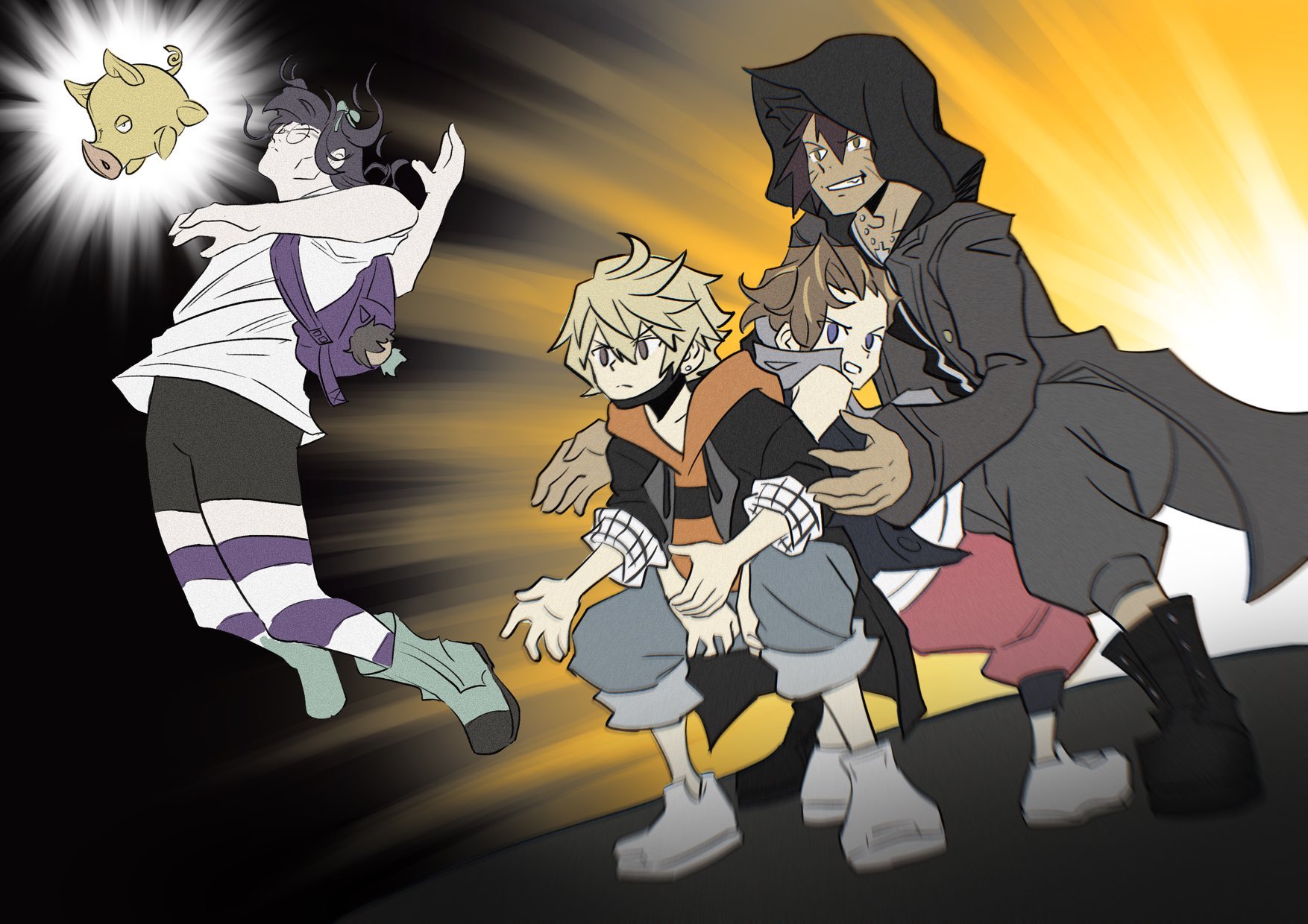 spaghetto087, furesawa tosai, kanade rindo, minamimoto sho, usui nagi, hunter x hunter, shin subarashiki kono sekai, subarashiki kono sekai, 1girl, 3boys, black coat, black hoodie, blonde hair, boots, coat, dark-skinned male, dark skin, dodgeball, face mask, facial mark, glasses, green boots, hoodie, mask, mouth mask, multiple boys, parody, round eyewear, shoes, striped clothes, striped thighhighs, stuffed animal, stuffed pig, stuffed toy, style parody, thighhighs, undercut, whisker markings, whiskers, white shoes