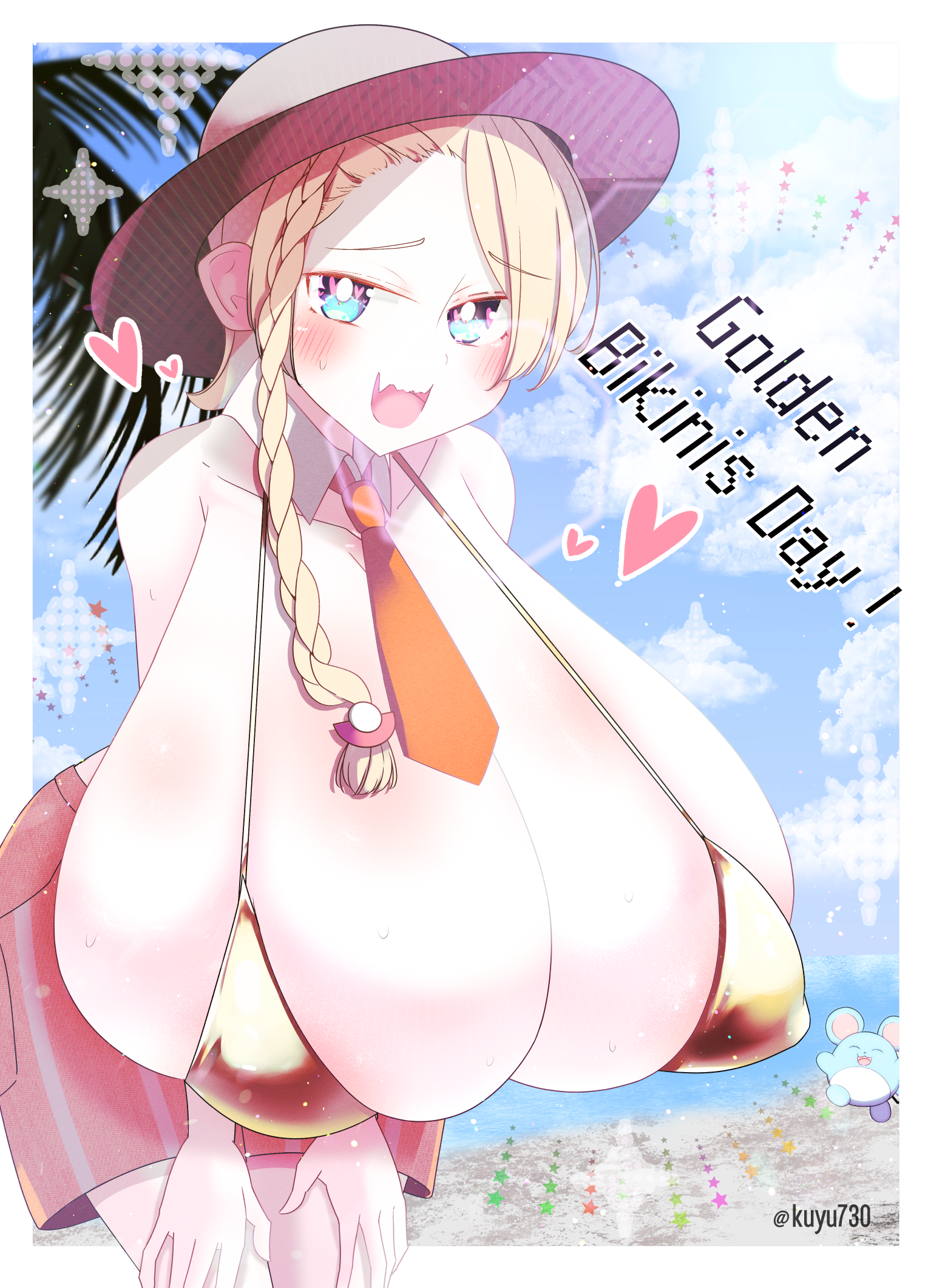 kuyu730, juliana (pokemon), marill, nintendo, original, pokemon, 1girl, beach, bikini, blue eyes, blush, border, braid, braided sidelock, breasts, bursting breasts, cloud, day, english text, female focus, gen 2 pokemon, gigantic breasts, gold bikini, gold bra, half-closed eyes, happy, hat, heart, huge breasts, juliana (pokemon) (cosplay), looking at viewer, micro bikini, necktie, ocean, orange shorts, pale skin, sand, shiny skin, short hair, shorts, sky, smile, solo, sparkle, standing, sweat, swimsuit, white border, white hat