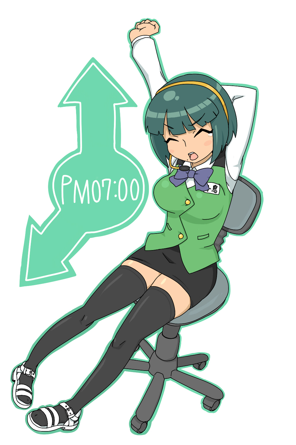 yashiroku, otonashi kotori, idolmaster, idolmaster (classic), highres, 1girl, chair, clock, female focus, full body, green hair, headset, mole, mole under mouth, neck ribbon, office chair, pencil skirt, ribbon, sandals, short hair, sitting, skirt, solo, stretching, swivel chair, thighhighs, vest, yawning