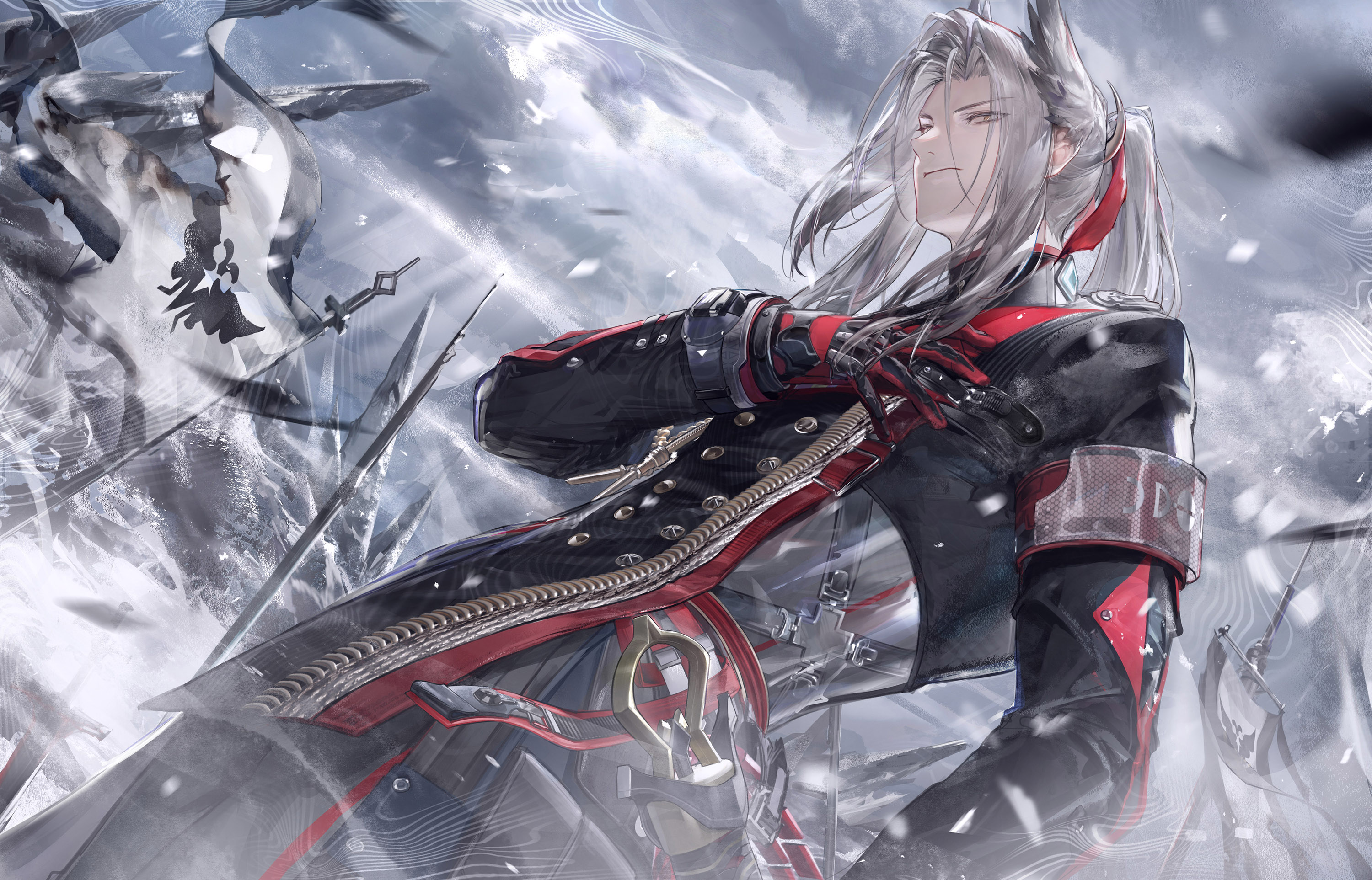 fek zin, hellagur (arknights), arknights, arknights: endfield, highres, 1boy, closed mouth, flag, flag print, gloves, grey hair, head wings, high ponytail, long hair, military uniform, pogranichnik (arknights), polearm, ponytail, sidelocks, solo, weapon, wings, yellow eyes