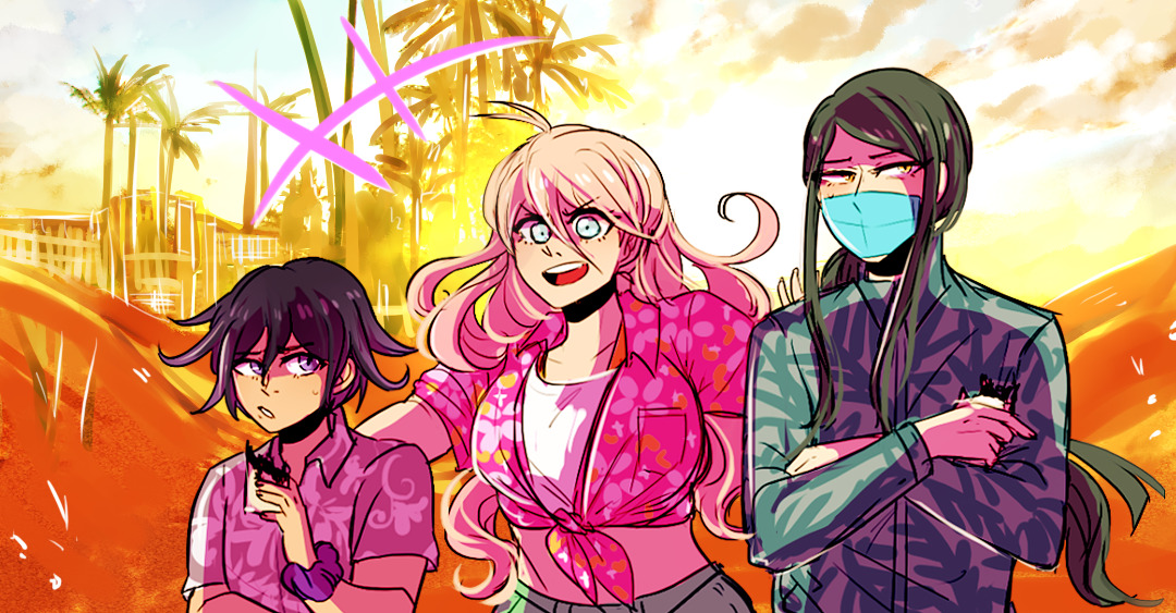 ministarfruit, iruma miu, oma kokichi, shinguji korekiyo, danganronpa (series), danganronpa v3: killing harmony, commentary, english commentary, +++, 1girl, 2boys, air bubble, alternate costume, alternate universe, annoyed, antenna hair, aqua shirt, backlighting, blonde hair, blue eyes, blue mask, blue sky, breast pocket, breasts, bubble, candy, casual, chocolate, chocolate bar, cloud, collarbone, collared shirt, covered mouth, cropped shirt, crossed arms, denim, denim shorts, fingernails, floral print, food, food bite, front-tie top, frown, furrowed brow, gradient sky, green hair, grey shorts, hair between eyes, hand on another's back, hand on another's shoulder, happy, hawaiian shirt, height difference, holding, holding food, hotel, large breasts, long hair, long hair between eyes, long sidelocks, long sleeves, looking ahead, looking at another, looking to the side, low ponytail, mask, midriff, mouth mask, multiple boys, nostrils, ocean, open mouth, outdoors, palm tree, parted lips, pink shirt, pocket, pointy nose, ponytail, print shirt, purple eyes, purple hair, purple scrunchie, purple shirt, scrunchie, shirt, short hair, short sleeves, shorts, sidelocks, sky, smile, sports bra, sun, sunset, sweatdrop, teeth, tree, upper body, upper teeth only, v-shaped eyebrows, very long hair, wavy hair, white sports bra, wrist scrunchie, yellow eyes, yellow sky