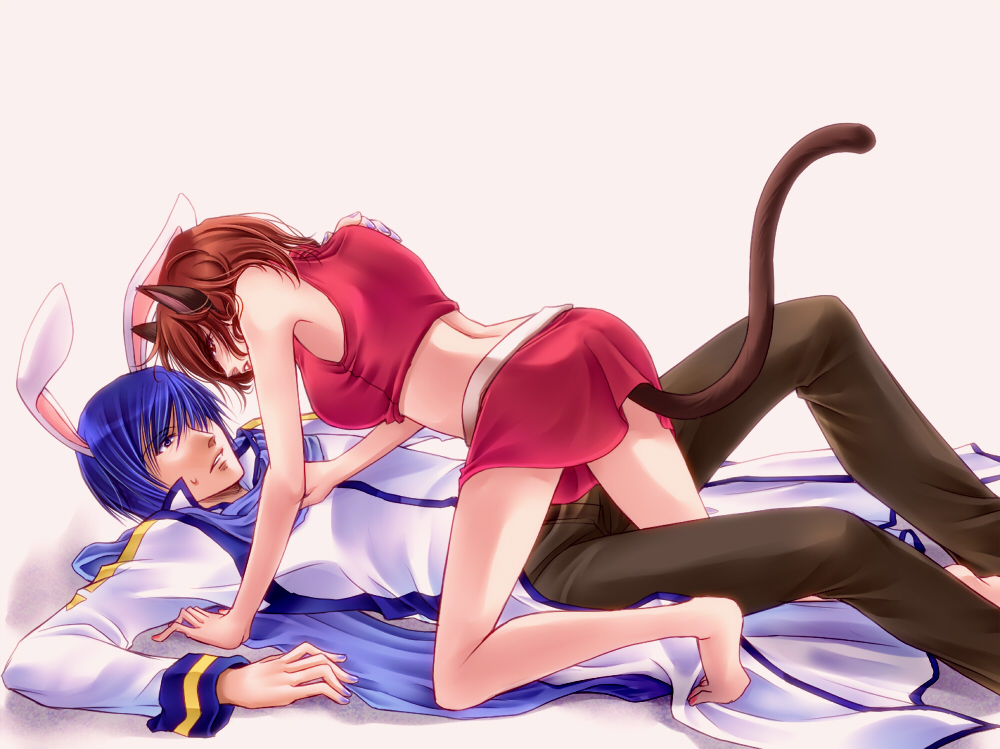 tonyo (milky crown), kaito (vocaloid), meiko (vocaloid), vocaloid, bad id, bad pixiv id, 1boy, 1girl, all fours, animal ears, blue eyes, blue hair, blue scarf, blush, brown hair, cat ears, cat tail, girl on top, lifted by tail, miniskirt, rabbit ears, scarf, short hair, skirt, sweatdrop, tail