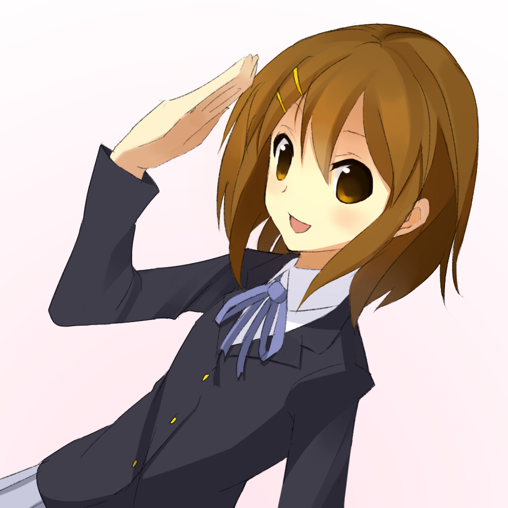 kyouta, hirasawa yui, k-on!, 1girl, brown eyes, brown hair, female focus, gradient background, salute, school uniform, short hair, solo