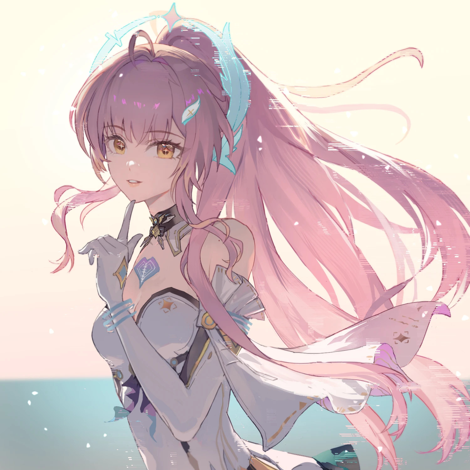 zhongyuanqing, aemeath (wuthering waves), wuthering waves, commentary, highres, revision, 1girl, bare shoulders, breasts, closed mouth, elbow gloves, gloves, hand up, index finger raised, long hair, medium breasts, pink hair, smile, solo, upper body, white background, white gloves