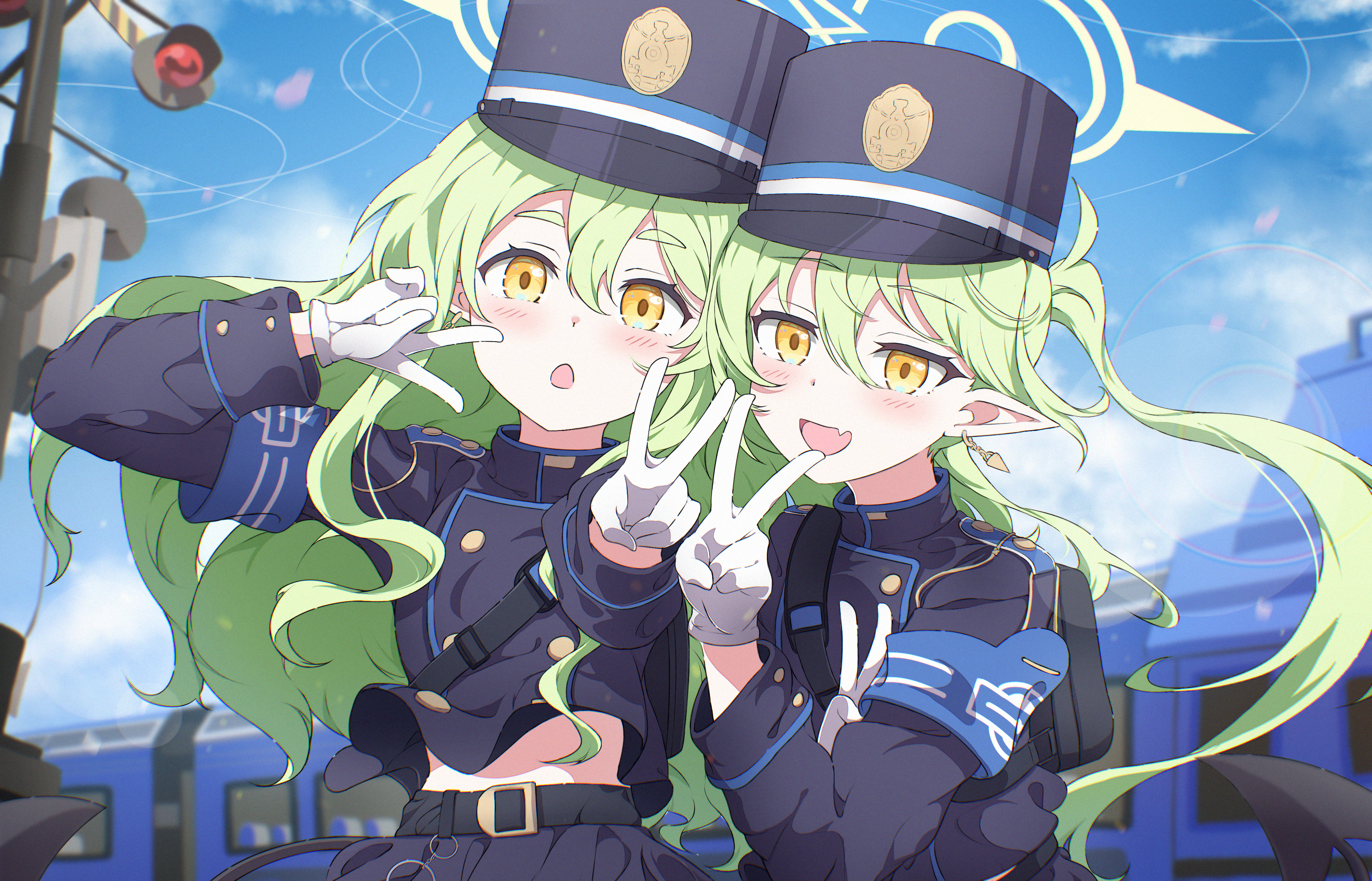 zc007, hikari (blue archive), nozomi (blue archive), blue archive, absurdres, commentary, commentary request, english commentary, highres, 2girls, armband, belt, blue armband, blue hat, blue jacket, blush, double v, earrings, fang, gloves, green hair, halo, hat, jacket, jewelry, long hair, looking at viewer, multiple girls, outdoors, peaked cap, pointy ears, siblings, single earring, sisters, skin fang, smile, straight hair, train, twins, twintails, upper body, v, very long hair, white gloves, yellow eyes
