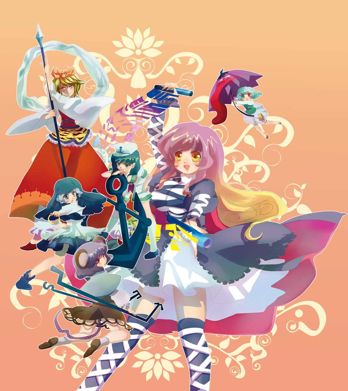 poko (mammypoko), hijiri byakuren, kumoi ichirin, murasa minamitsu, nazrin, tatara kogasa, toramaru shou, touhou, bad id, bad pixiv id, highres, 6+girls, anchor, animal ears, black hair, blonde hair, blue eyes, blue hair, cape, dress, female focus, geta, gradient hair, green eyes, grey hair, hat, heterochromia, hood, karakasa obake, long hair, mouse ears, mouse tail, multicolored hair, multiple girls, red eyes, sailor, sailor collar, sailor hat, sandals, scroll, short hair, sorcerer's sutra scroll, tail, tongue, umbrella, yellow eyes