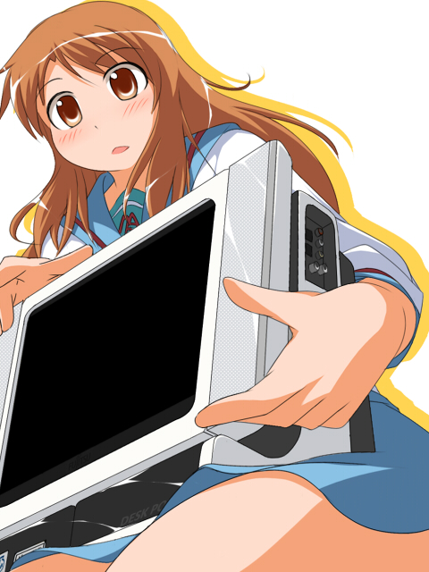 mirano, asahina mikuru, suzumiya haruhi no yuuutsu, 1girl, blush, brown eyes, brown hair, computer, female focus, long hair, monitor, open mouth, school uniform, serafuku, simple background, solo