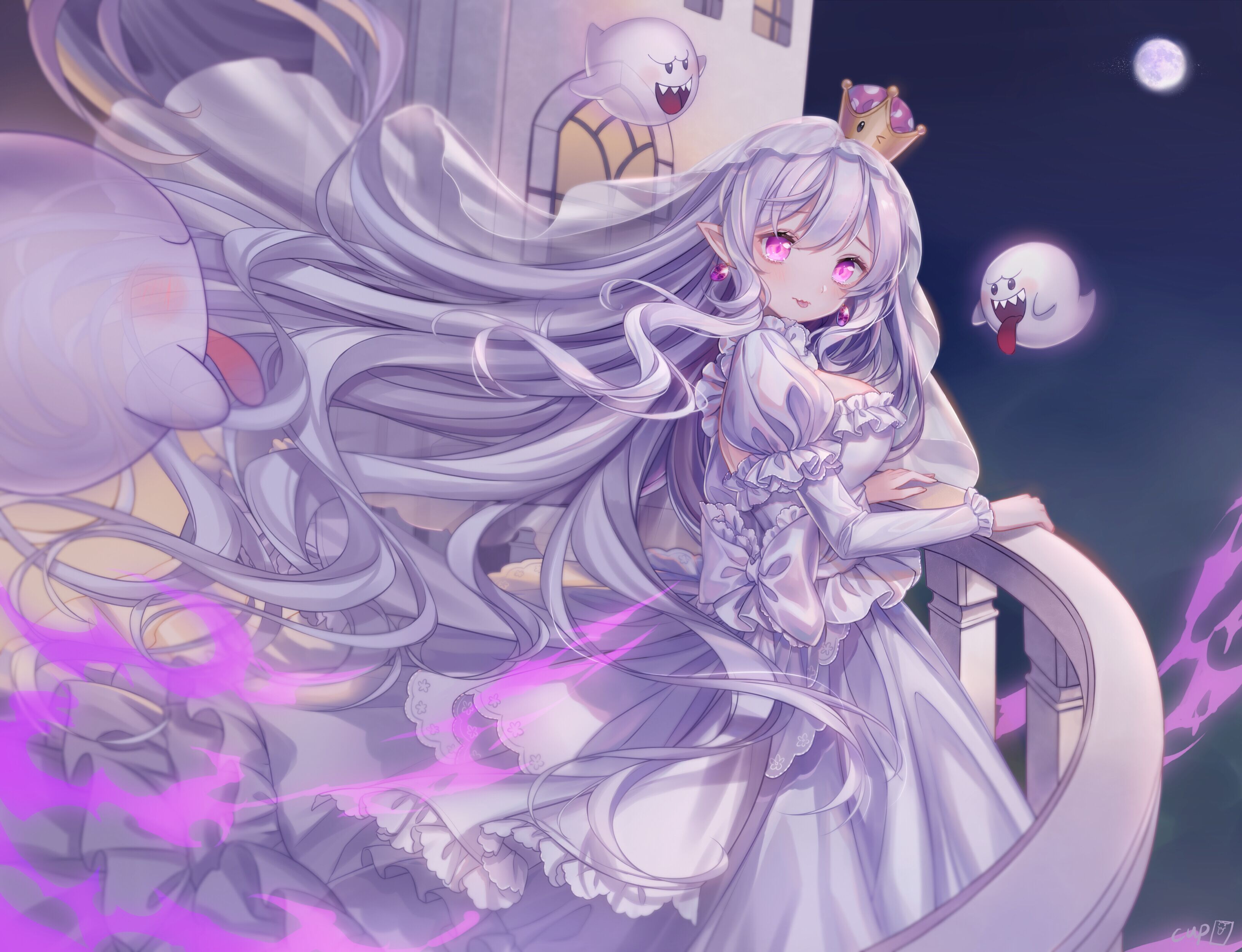 cup (13636466299), boo (mario), princess king boo, mario (series), new super mario bros. u deluxe, nintendo, absurdres, commentary request, highres, 1girl, back bow, balcony, bow, breasts, bridal veil, castle, cleavage, collar, crown, detached collar, dot nose, dress, eyelashes, fang, feet out of frame, fire, frilled bow, frilled collar, frilled sleeves, frills, full moon, ghost, gown, happy, high collar, large breasts, layered sleeves, light blush, long dress, long hair, long sidelocks, long sleeves, mini crown, moon, night, open mouth, outdoors, pendant earring, pleated dress, pointy ears, puffy short sleeves, puffy sleeves, purple eyes, purple fire, short over long sleeves, short sleeves, sidelocks, skin fang, smile, solo, super crown, tareme, teeth, upper teeth only, veil, very long hair, wavy hair, white bow, white collar, white dress, white hair, white veil, wind