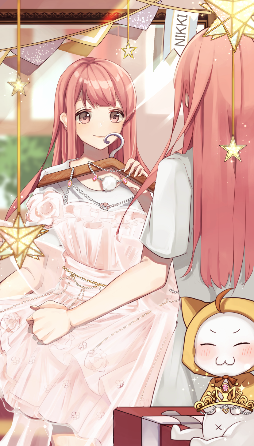 amoi (amoi6v6), momo (nikki), miracle nikki, nikki (series), commentary, commentary request, english commentary, highres, mixed-language commentary, 1girl, ^ ^, ahoge, animal, bedroom, bow, bowtie, brown bow, brown bowtie, brown eyes, cat, cloak, closed eyes, closed mouth, clothed animal, clothesline, cowboy shot, dot nose, dress, ear covers, floral print, frilled dress, frills, full-length mirror, garland (decoration), happy, hexagram, holding, holding unworn clothes, holding unworn dress, hood, hood up, hooded cloak, indoors, light blush, light particles, lipstick, long hair, long sidelocks, looking at reflection, makeup, mirror, navel, on table, oversized clothes, oversized shirt, pink dress, pink hair, pleated dress, print dress, reflection, rose print, shirt, short dress, short sleeves, sidelocks, sitting, skirt hold, smile, sparkle, standing, straight hair, strapless, strapless dress, t-shirt, table, tareme, unworn dress, v-shaped eyebrows, white cat, white shirt, yellow cloak