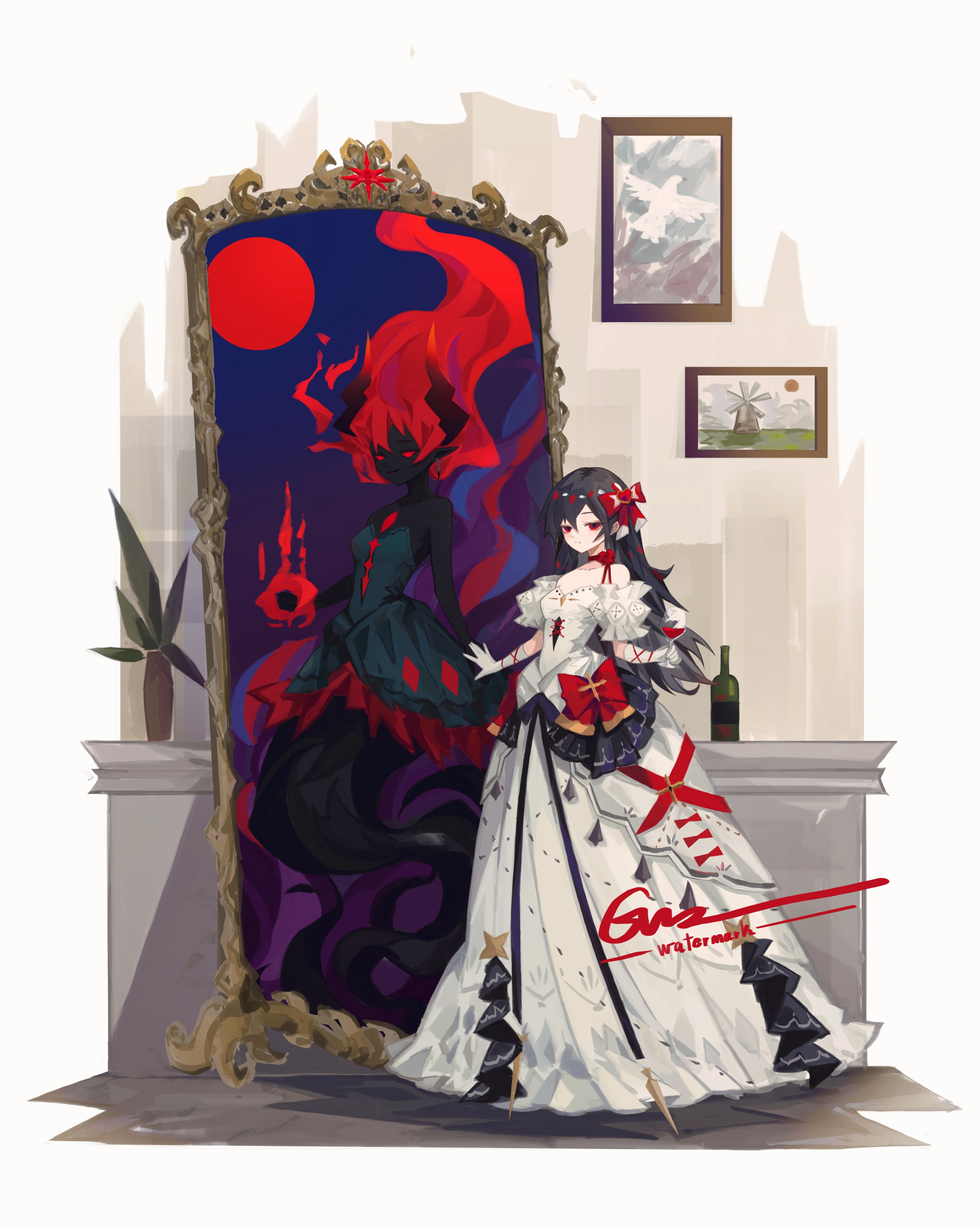 gunz-illustration, original, absurdres, commission, highres, 2girls, bare shoulders, black dress, black hair, black skin, bottle, bow, colored skin, cup, dress, drinking glass, floating hair, gloves, hair bow, holding, holding cup, horns, long dress, long hair, looking at viewer, multiple girls, off-shoulder dress, off shoulder, painting (object), pointy ears, red bow, red eyes, red hair, white dress, white gloves, wine bottle, wine glass