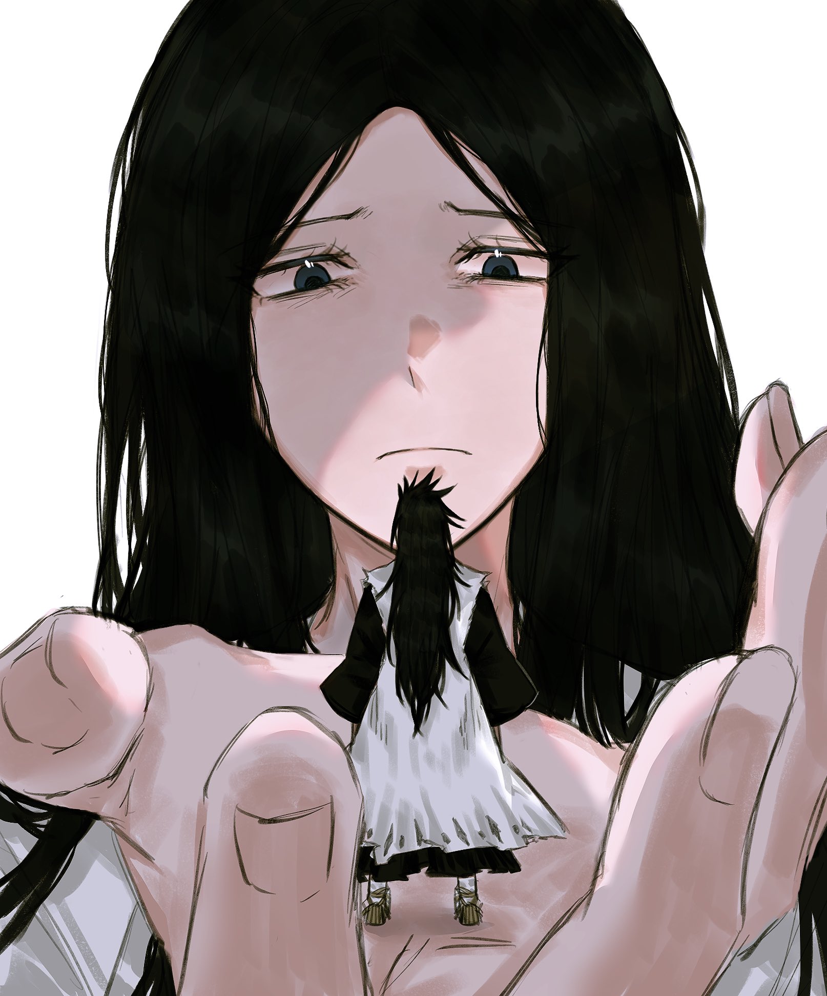 anima tion 1, unohana retsu, zaraki kenpachi, bleach, bleach: sennen kessen-hen, highres, 1boy, 1girl, black hair, frown, grey eyes, haori, holding, holding mini person, japanese clothes, long hair, mini person, miniboy, shaded face, taichou haori