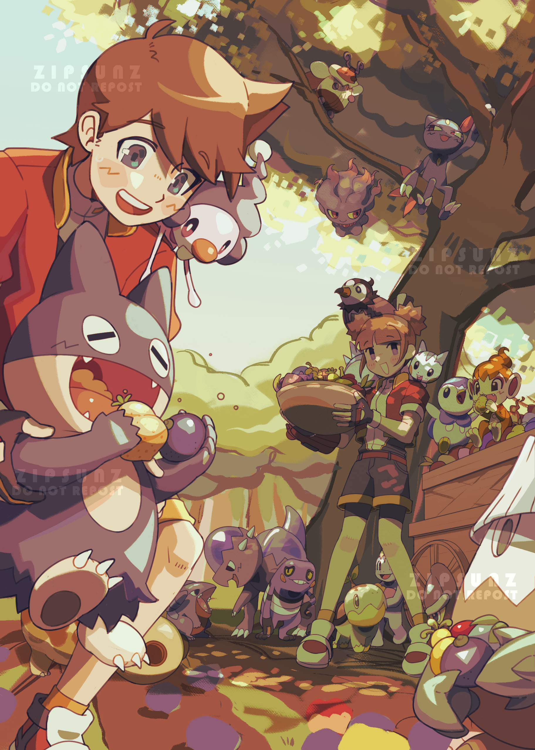 zipsunz, chimchar, cranidos, croagunk, gible, hippopotas, hippopotas (male), kate (pokemon), kellyn (pokemon), kricketot, machop, mime jr., misdreavus, munchlax, pachirisu, piplup, shieldon, sneasel, snover, starly, turtwig, nintendo, pokemon, pokemon ranger: shadows of almia, pokemon ranger (series), absurdres, commentary, english commentary, highres, 1boy, 1girl, = =, artist name, basket, berry (pokemon), black gloves, black shorts, blue eyes, blunt bangs, blush, brown hair, cart, closed eyes, eating, fangs, figy berry, fingerless gloves, food, food in mouth, fruit, gen 1 pokemon, gen 2 pokemon, gen 4 pokemon, gloves, green eyes, holding, holding basket, holding food, holding fruit, holding pokemon, in tree, jaboca berry, jacket, leppa berry, mago berry, on head, on shoulder, open mouth, oran berry, orange socks, outdoors, partially fingerless gloves, pecha berry, pinap berry, pokemon (creature), pokemon on head, pokemon on shoulder, rawst berry, red jacket, shoes, short hair, short sleeves, shorts, sitrus berry, smile, socks, standing, teeth, tree, upper teeth only, watermark, white shoes, wiki berry