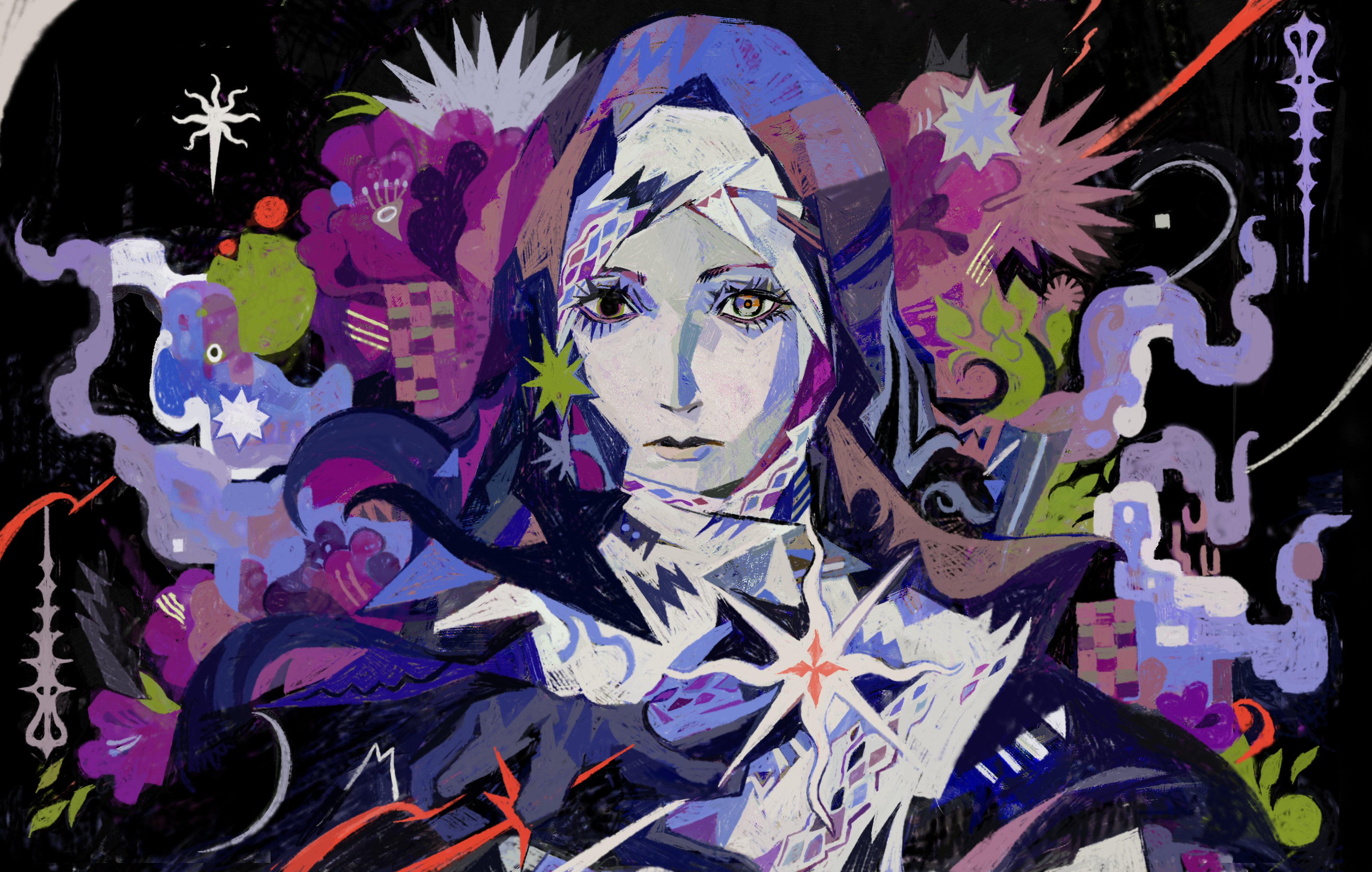 lululu0111, undertaker (elden ring), elden ring, elden ring nightreign, absurdres, hashtag-only commentary, highres, 1girl, abstract background, black capelet, black hood, capelet, coif, gameplay ability, gameplay mechanics, looking at viewer, nun, pale skin, portrait, solo, star (symbol), white coif