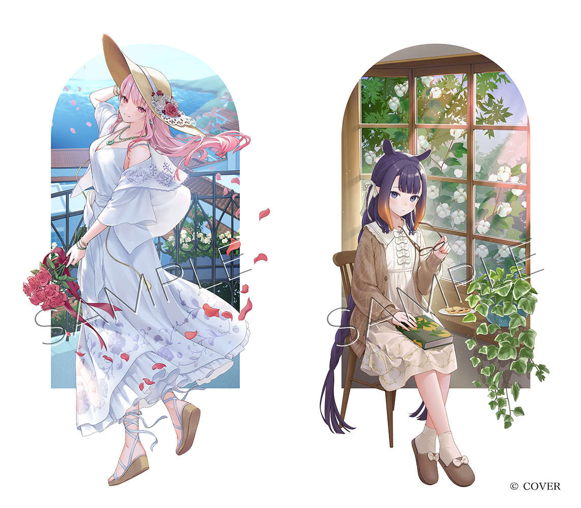 ne-on, mori calliope, ninomae ina'nis, hololive, hololive english, commentary request, official art, 2girls, blunt bangs, book, book on lap, bracelet, breasts, brown cardigan, brown slippers, cardigan, center-flap bangs, chair, company name, copyright notice, dress, falling petals, flat chest, floral print, floral print dress, flower, food, footwear ribbon, from side, full body, glasses, gradient hair, hand on headwear, hat, hat flower, holding, holding flower, holding removed eyewear, jacket, jewelry, long dress, long hair, long sleeves, looking at viewer, medium dress, mole, mole under eye, multicolored hair, multiple girls, necklace, on chair, open cardigan, open clothes, open jacket, orange hair, petals, pink eyes, pink hair, plant, plate, pointy ears, print dress, purple eyes, purple hair, red flower, red rose, rose, sample watermark, sandals, sitting, sleeveless, sleeveless dress, slippers, socks, standing, sun hat, tentacle hair, unworn eyewear, very long hair, virtual youtuber, watermark, white background, white dress, white flower, white jacket, wooden chair