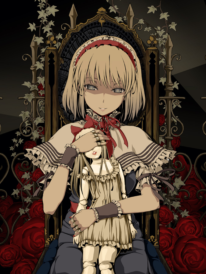 aka ringo, alice margatroid, shanghai doll, touhou, 1girl, blonde hair, bob cut, chair, doll, doll joints, empty eyes, female focus, flat color, flower, grey eyes, hairband, head tilt, joints, nail polish, red nails, short hair, sitting, solo, wrist cuffs