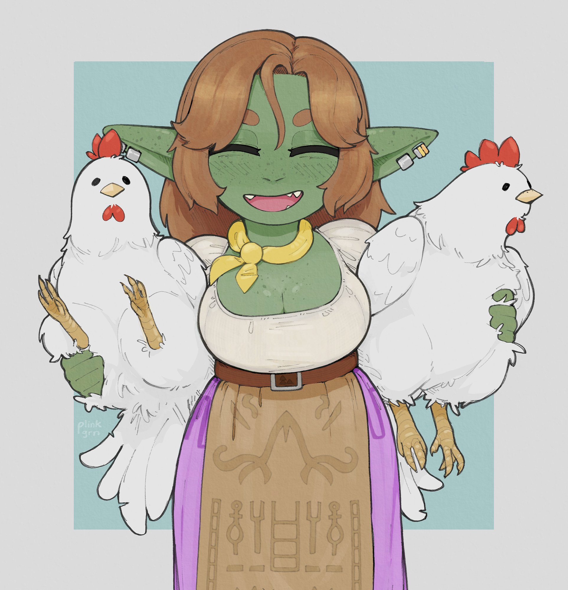 frojiros, malon, nintendo, original, the legend of zelda, the legend of zelda: ocarina of time, commentary, english commentary, highres, 1girl, animal, bandana, bandana around neck, bird, blush, breasts, chicken, cleavage, closed eyes, colored skin, cosplay, cowboy shot, earrings, fangs, female goblin, goblin, green skin, holding, holding animal, jewelry, large breasts, malon (cosplay), medium breasts, multiple earrings, open mouth, pointy ears, purple skirt, short eyebrows, skirt, smile, solo, thick eyebrows