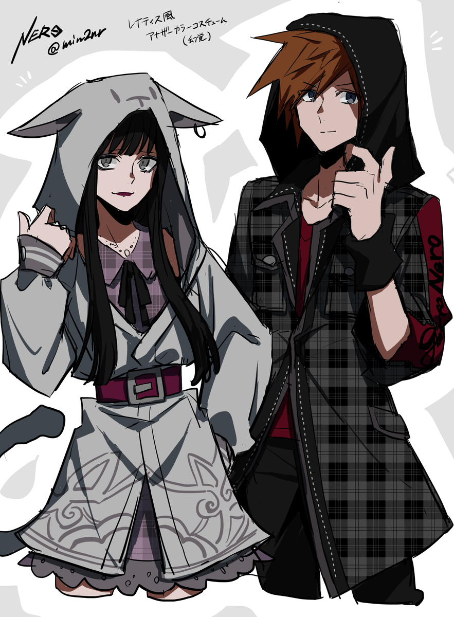 eme (204), sakuraba neku, sakurane shoka, shin subarashiki kono sekai, subarashiki kono sekai, 1boy, 1girl, alternate color, animal hood, belt, black hair, black jacket, cat hood, dress, grey eyes, hime cut, hood, hoodie, jacket, light smile, long hair, orange hair, plaid clothes, plaid dress, plaid jacket, purple dress, red shirt, sailor collar, sailor dress, shirt, spiked hair, sweatband, white hoodie
