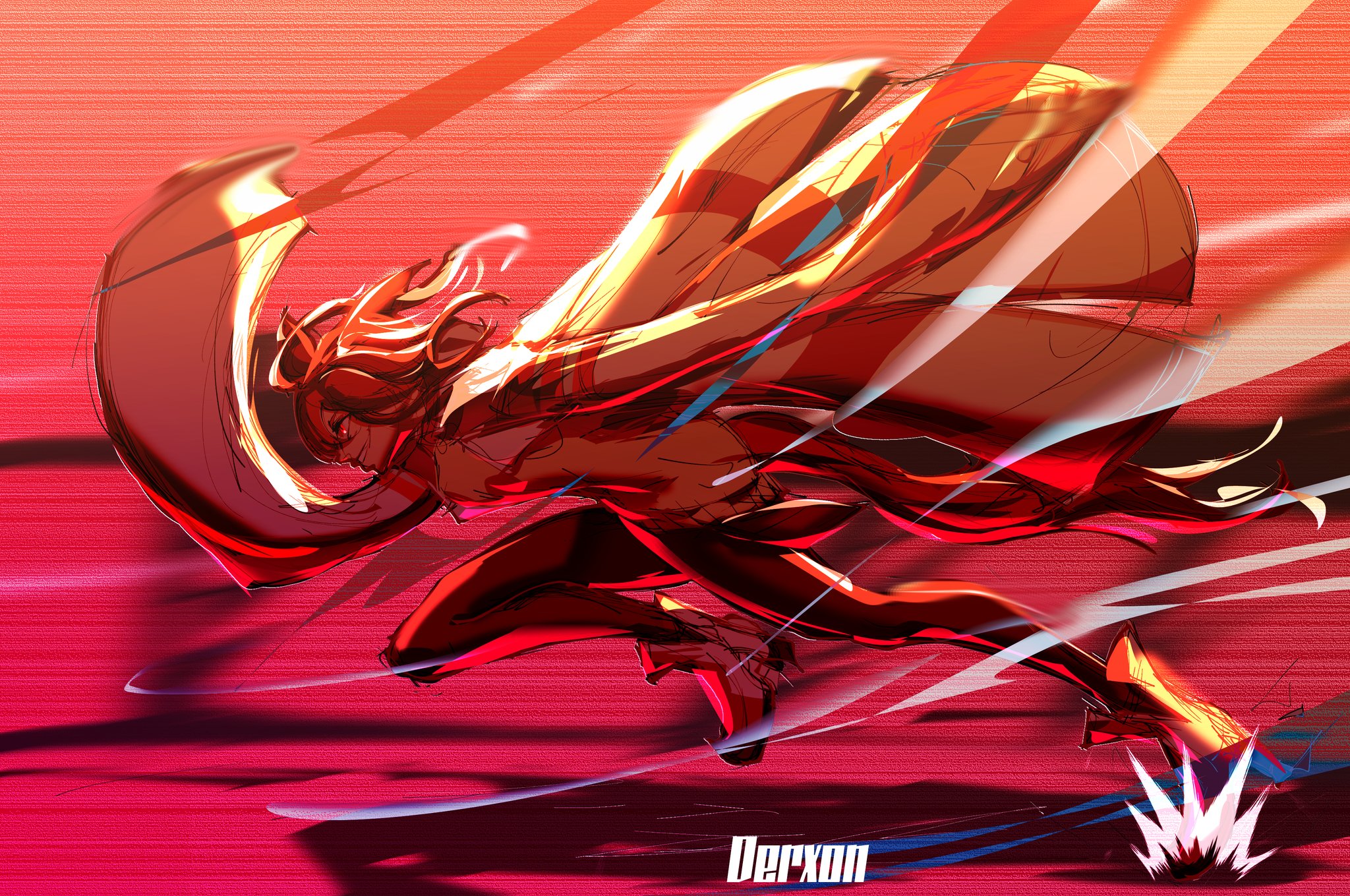 derxon2, agnes tachyon (tach-nology) (umamusume), agnes tachyon (umamusume), umamusume, umamusume: beginning of a new era, commentary, english commentary, highres, 1girl, ahoge, animal ears, ankle boots, artist name, black pantyhose, boots, brown hair, brown tail, from side, hair between eyes, high heel boots, high heels, horse ears, horse girl, horse tail, lab coat, medium hair, messy hair, motion lines, pantyhose, red background, red eyes, running, sleeves past fingers, sleeves past wrists, smile, solo, speed lines, sweater, tail, test tube, white boots, wide sleeves, yellow sweater