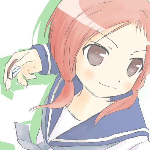 mkt (50r50r), takei hisa, saki (manga), bad id, bad pixiv id, lowres, 1girl, board game, brown eyes, female focus, holding, holding mahjong tile, mahjong, mahjong tile, red hair, school uniform, serafuku, short hair, smile, solo, twintails