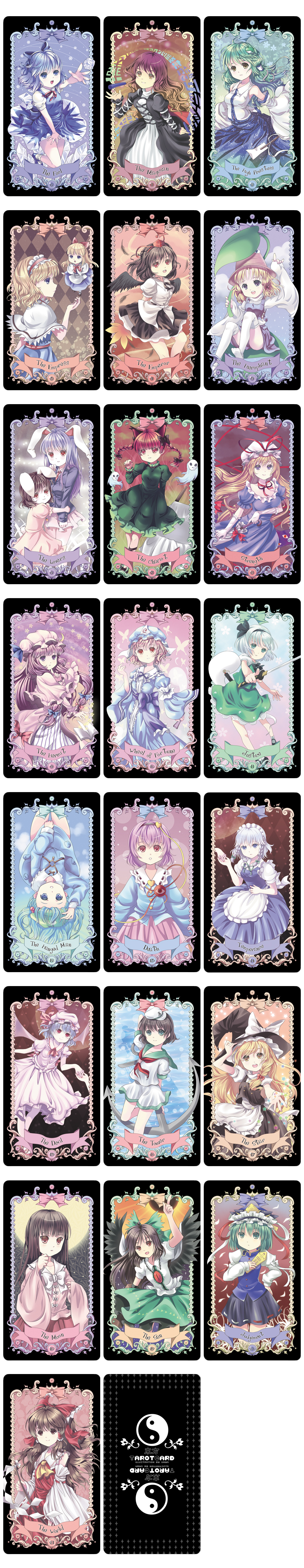 unya (unya-unya), alice margatroid, cirno, hakurei reimu, hijiri byakuren, houraisan kaguya, inaba tewi, izayoi sakuya, kaenbyou rin, kawashiro nitori, kirisame marisa, kochiya sanae, komeiji satori, konpaku youmu, konpaku youmu (ghost), moriya suwako, murasa minamitsu, patchouli knowledge, reisen udongein inaba, reiuji utsuho, remilia scarlet, saigyouji yuyuko, shameimaru aya, shanghai doll, shiki eiki, yakumo yukari, touhou, absurdres, bad id, bad pixiv id, highres, long image, tall image, 6+girls, blonde hair, card, card (medium), multiple girls, tarot, tarot (medium), tarot set