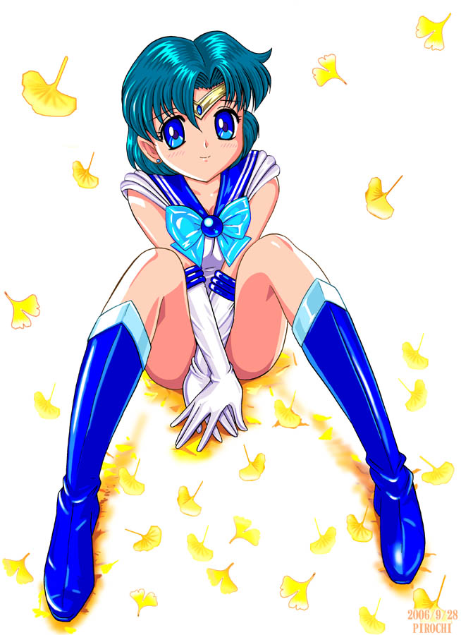 mizuno ami, bishoujo senshi sailor moon, 1990s (style), blush, covering privates, ginkgo tree, sitting, smile